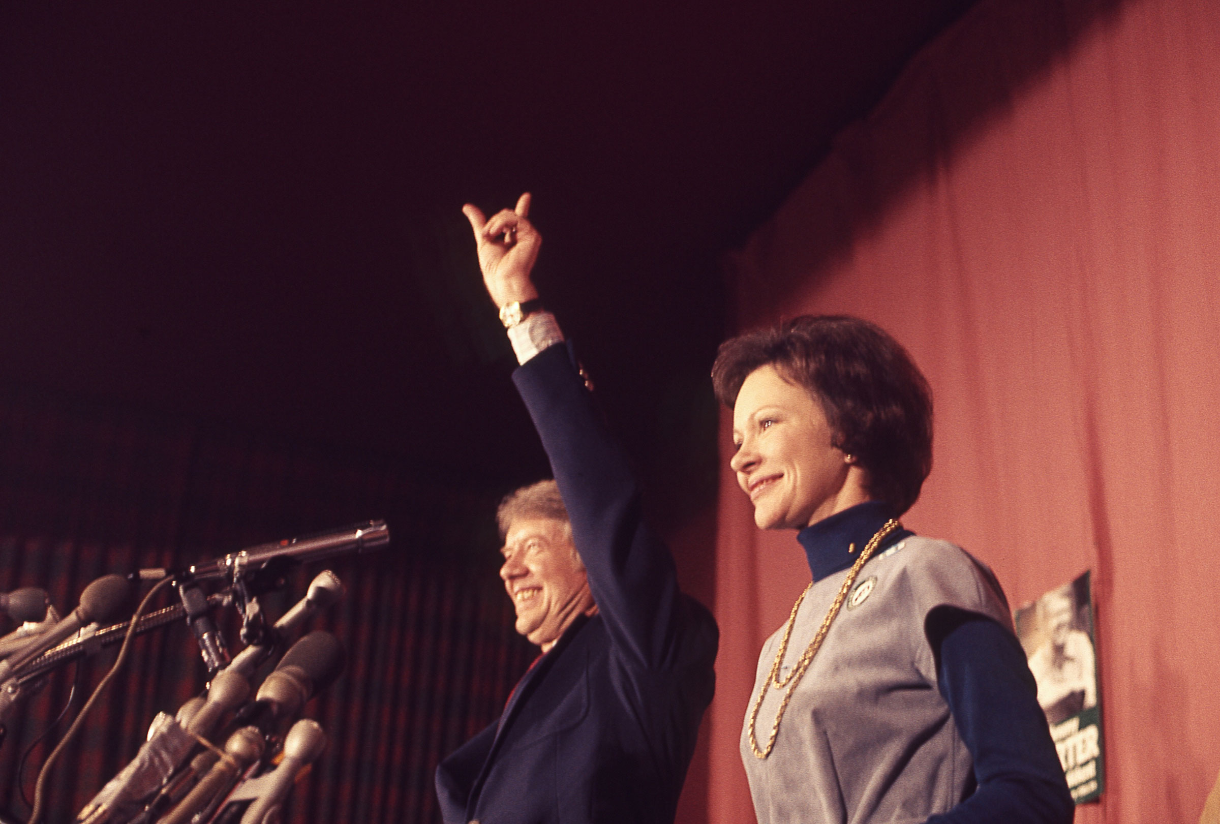 Then presidential candidate Jimmy Carter and his wife, Rosalynn Carter, celebrate victory in the New Hampshire Democratic Primary election, on Feb. 24, 1976. (Mikki Ansin—Getty Images)