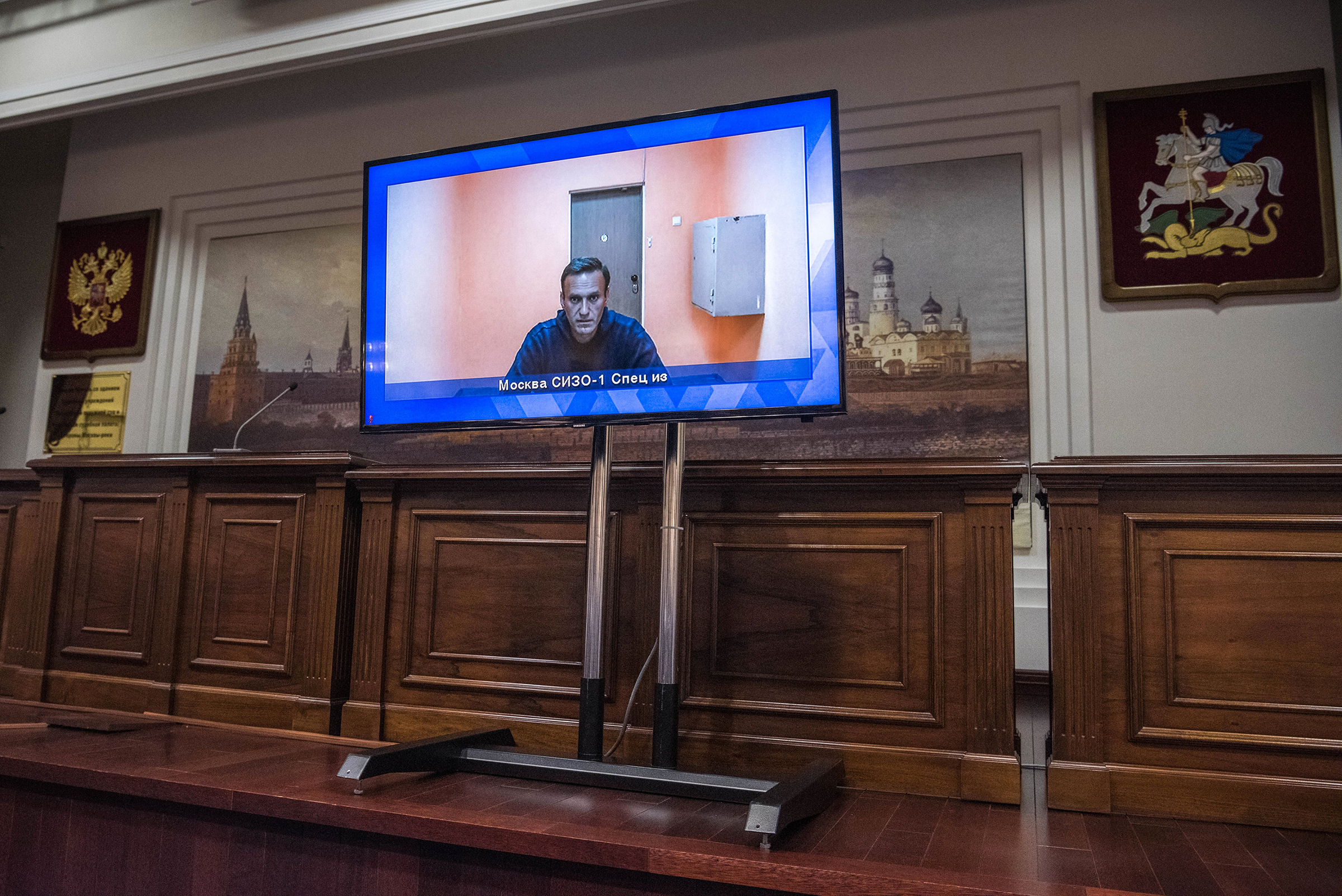 Russian opposition leader Alexei Navalny appears via video link for a court hearing, in which it was directed that he remain imprisoned, in Moscow on Jan. 28, 2021.