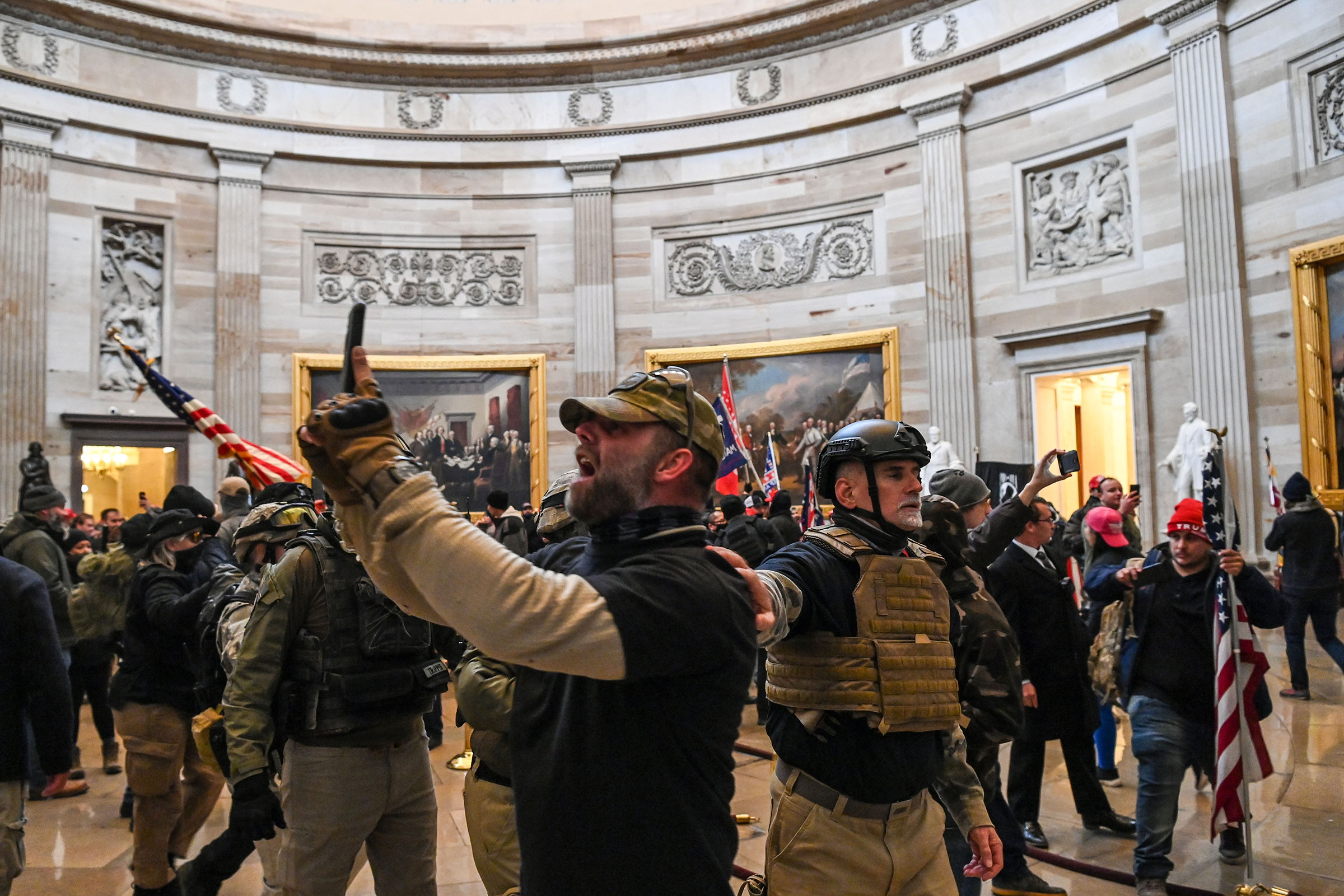 Supporters of President Donald Trump in the US Capitol's Rotunda after breeching police barriers in Washington, DC, on Jan. 6, 2021. (Saul Loeb—AFP/Getty Images)