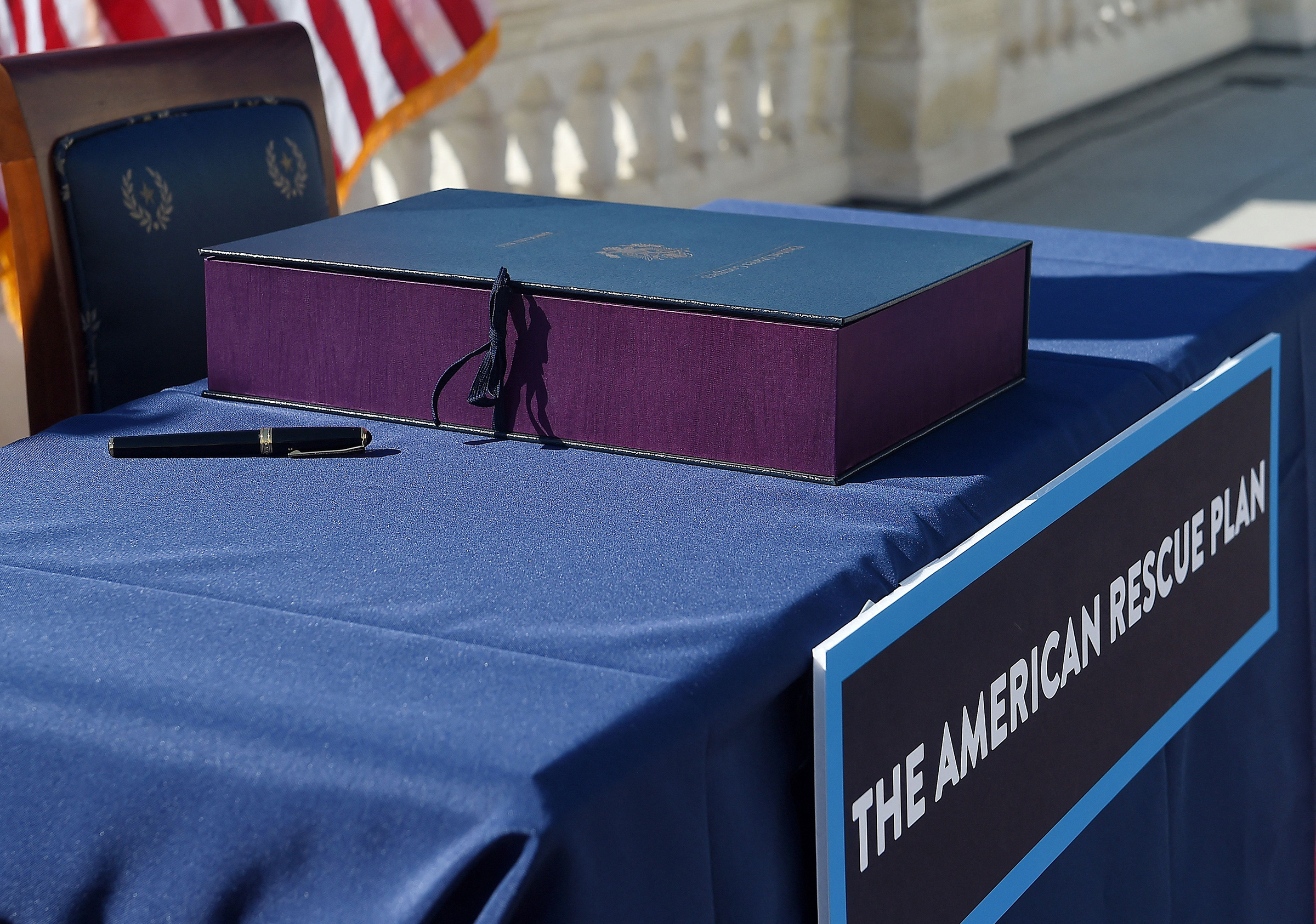 The Bill Enrollment for the American Rescue Plan Act before its signing ceremony, at the U.S. Capitol on March 10. (Olivier Douliery—AFP/Getty Images)