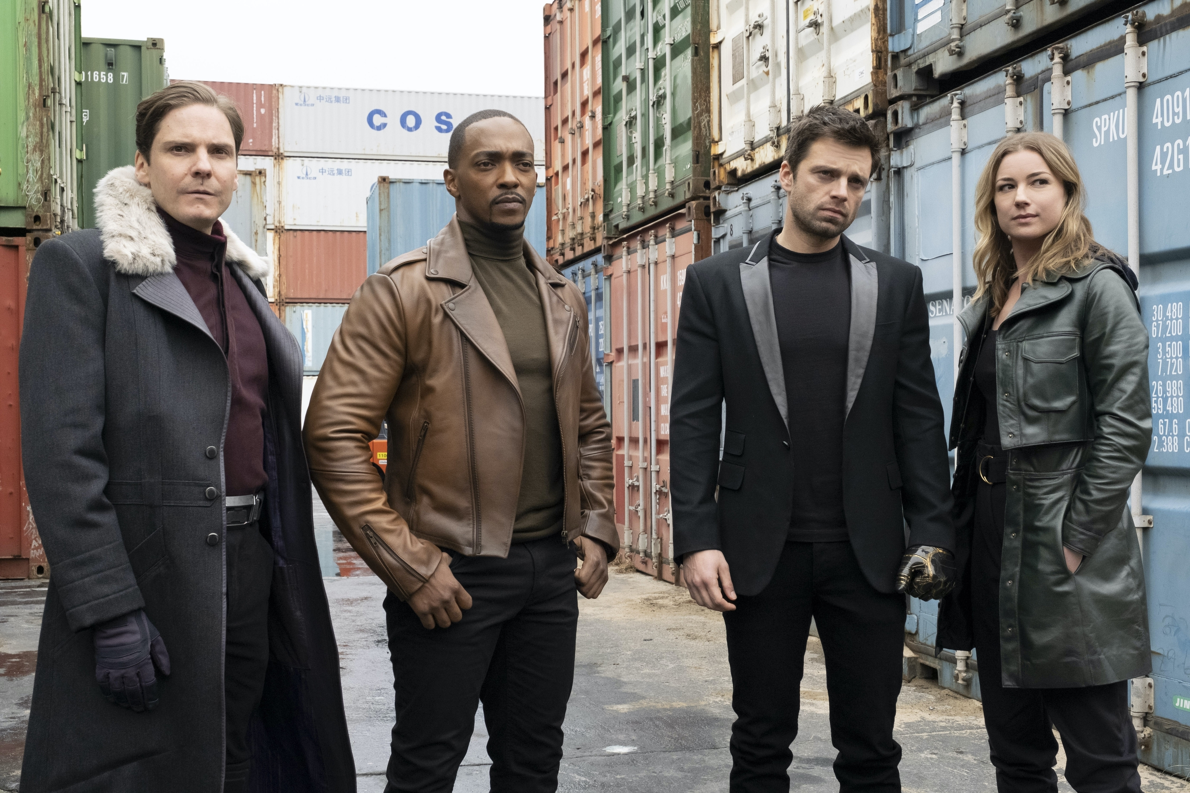 (L-r) Daniel Brühl, Anthony Mackie, Sebastian Stan and Emily VanCamp in <i>Falcon and the Winter Soldier</i> (Marvel Studios)
