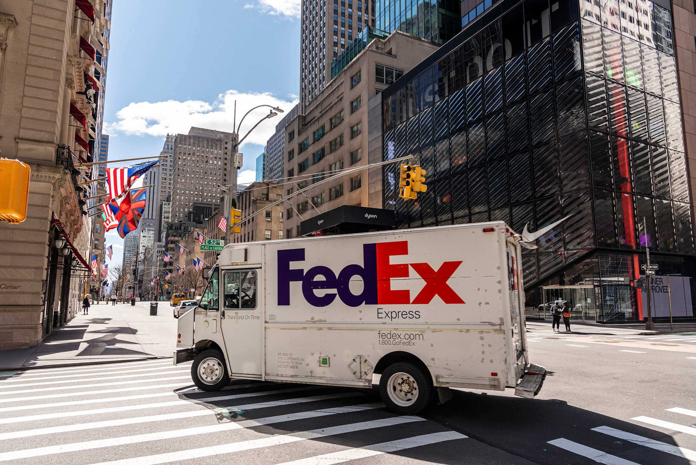 A FedEx truck in New York City on April 2, 2020. (Stefan Falke—laif/Redux)