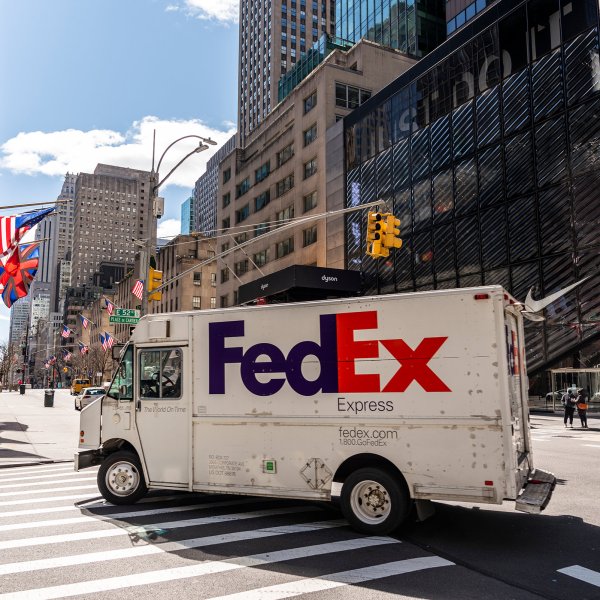 A FedEx truck in New York City on April 2, 2020.