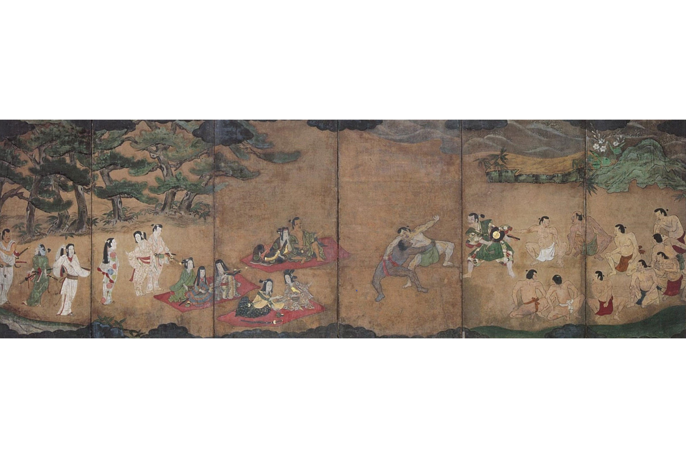 Sumō yūrakuzu byōbu, drawn in 1605 by an anonymous artist. Author Thomas Lockley said that the individual in green, in the third panel from the left, is believed to be Nobunaga. He said it's highly likely that the Black man depicted in the artwork is Yasuke. (Sacchisachi/Wiki Commons)