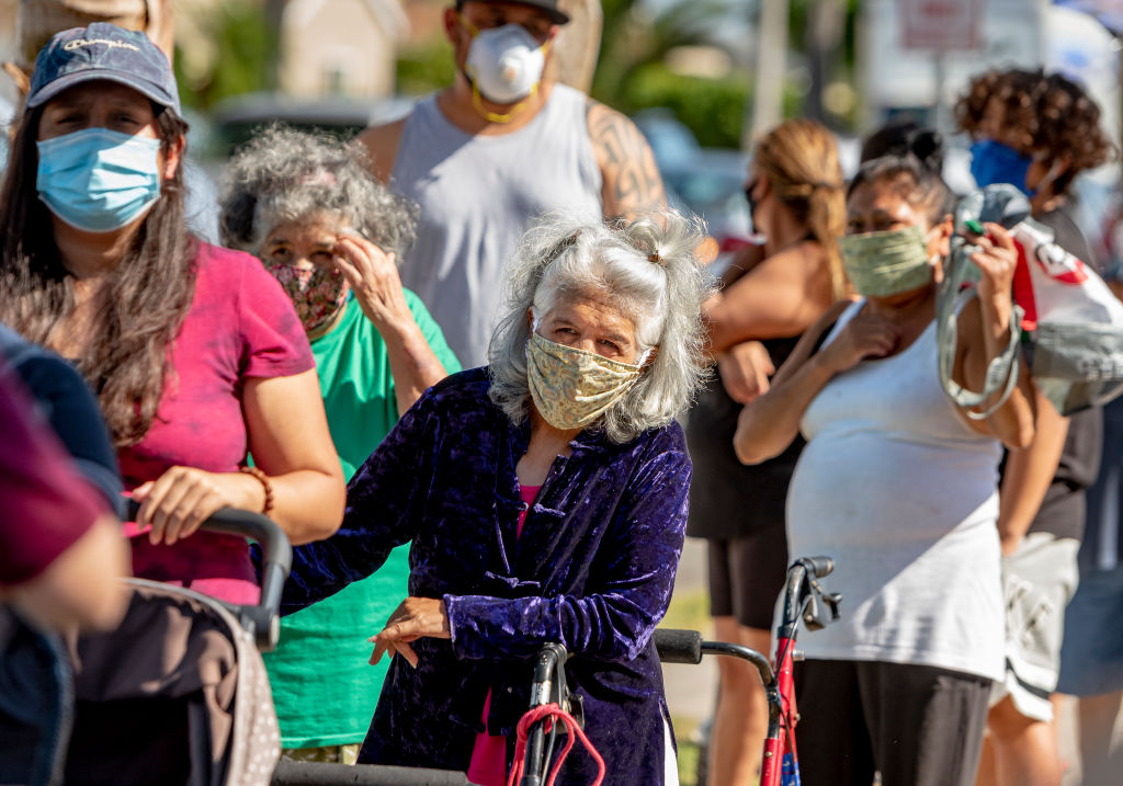 People line up to receive free food in Anaheim, Calif. in July, 2020. (Leonard Ortiz—MediaNews Group/ Getty Images)