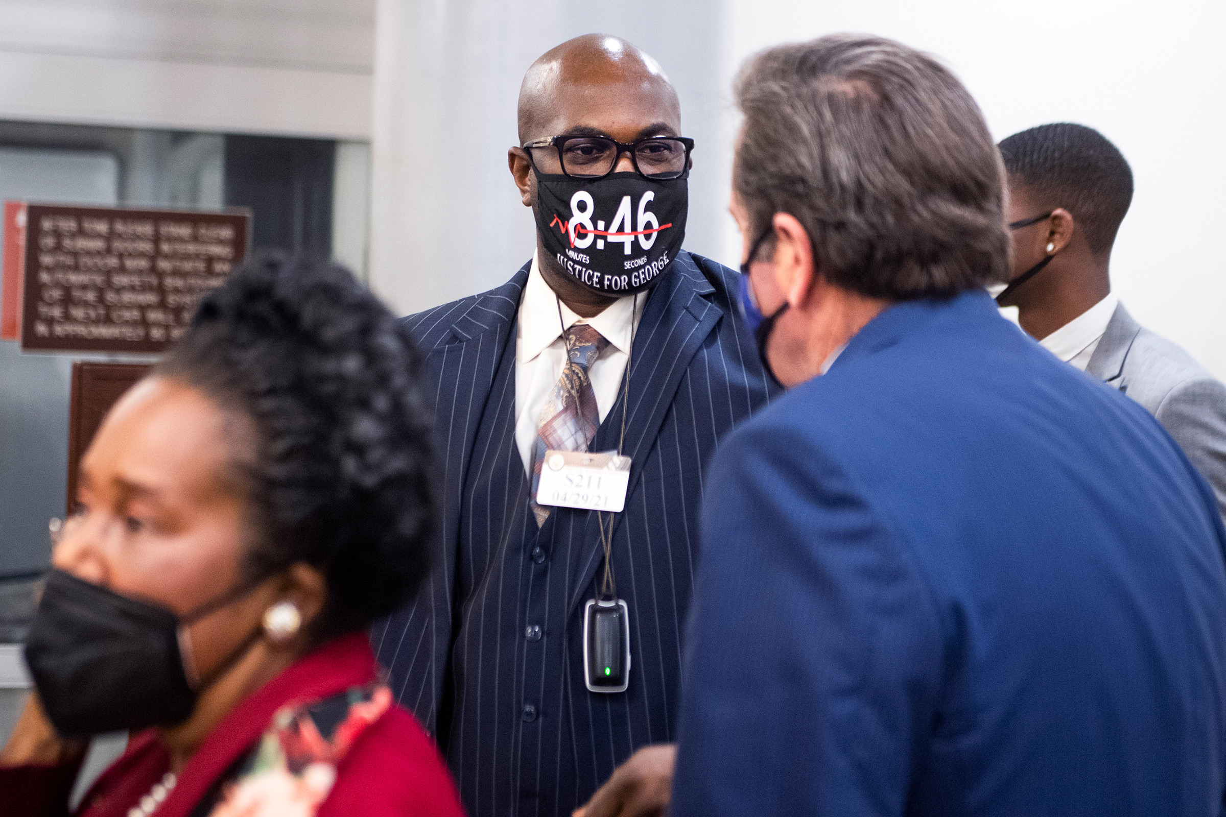 Philonise Floyd, center, the brother of George Floyd, talks with Rep. John Garamendi, D-Calif., while visiting Capitol Hill to discuss the George Floyd Justice in Policing Act, in Washington, D.C., on April 29, 2021.