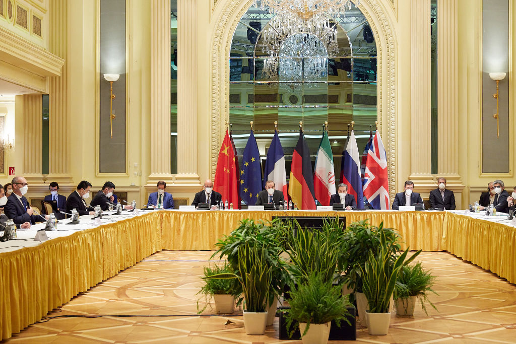 In this handout provided by the EU Delegation in Vienna, Representatives of the European Union, Iran and others attend the Iran nuclear talks at the Grand Hotel on April 15, 2021 in Vienna, Austria. Representatives from the United States, Iran, the European Union, Russia, China and other participants from the original Joint Comprehensive Plan of Action (JCPOA) are meeting directly and indirectly over possibly reviving the plan. The JCPOA was the European-led initiative by which Iran agreed not to pursue a nuclear weapon in exchange for concessions, though the United States, under the administration of former U.S. President Donald Trump, abandoned the deal and intensified sanctions against Iran. (EU Delegation in Vienna via Getty Images)
