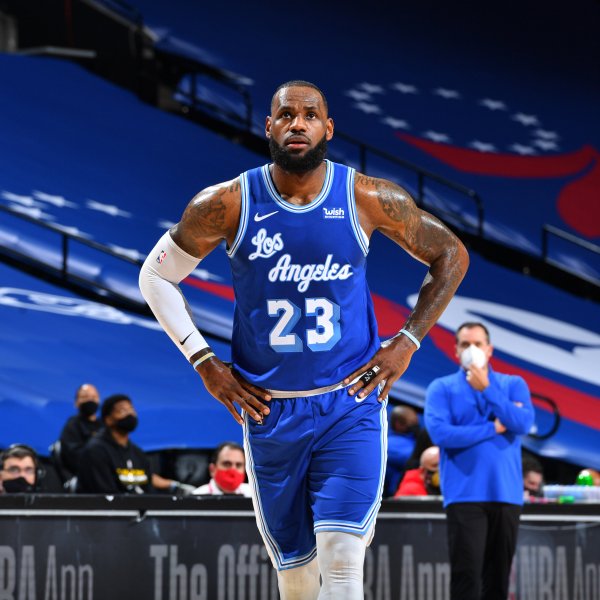 LeBron James of the Los Angeles Lakers looks on during a game against the Philadelphia 76ers on Jan. 27, 2021.
