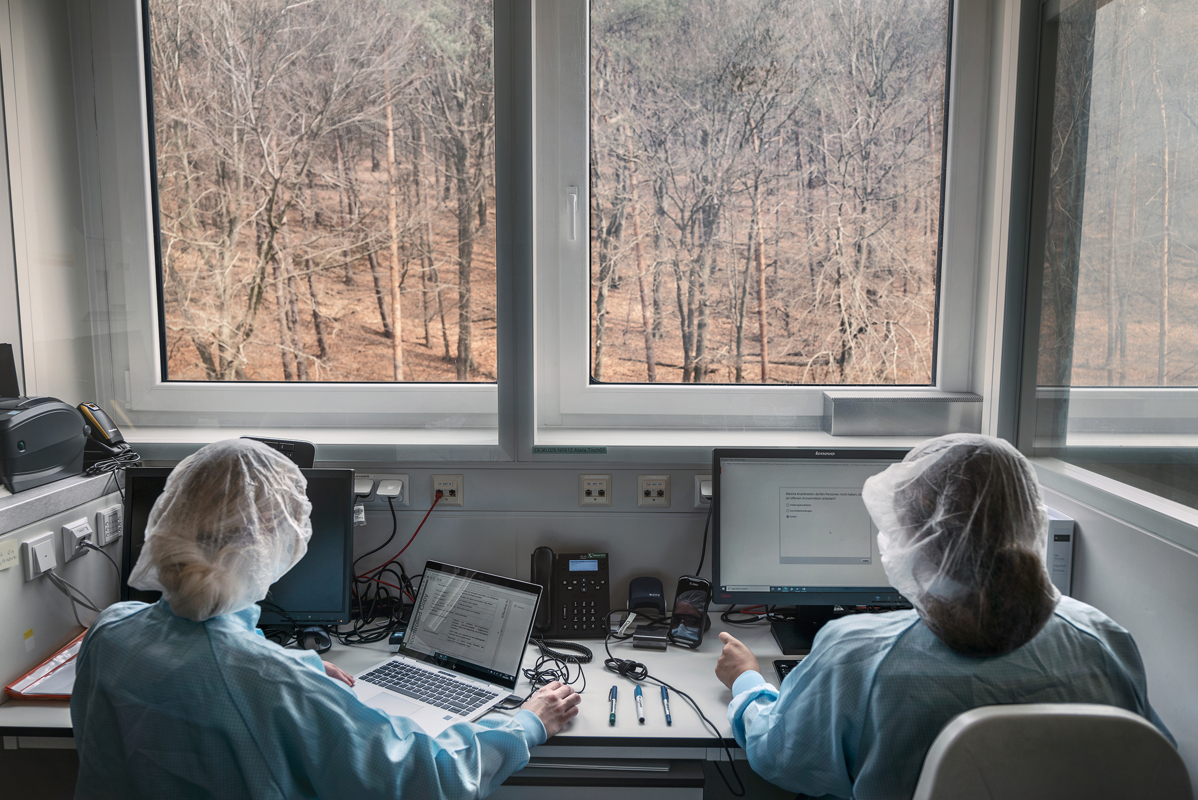 The new BioNTech production facility is in a wooded valley in Marburg. Technicians working in one of the prep labs often spot deer roaming in the nearby forest. (Luca Locatelli for TIME)