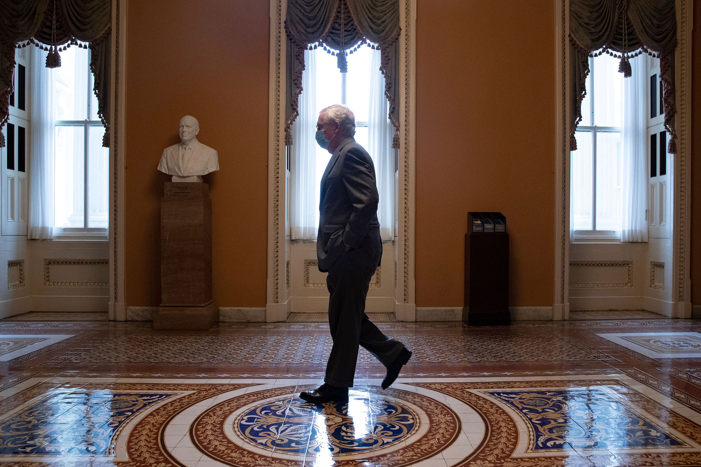 Senate Minority Leader Mitch McConnell walks from the Senate floor to his office on Capitol Hill in Washington, on March 25, 2021. (Michael Reynolds—EPA-EFE/Shutterstock)