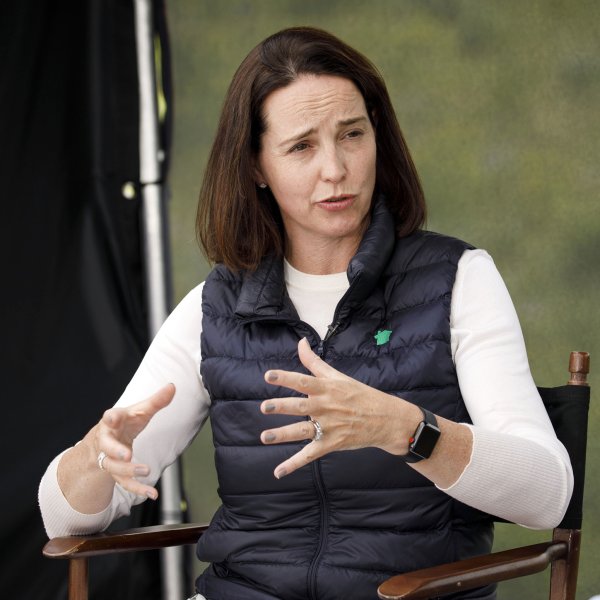 Sarah Friar, CEO of Nextdoor, speaks during a television interview on the sidelines of the Allen & Co. Media and Technology Conference in Sun Valley, Idaho on July 10, 2019.