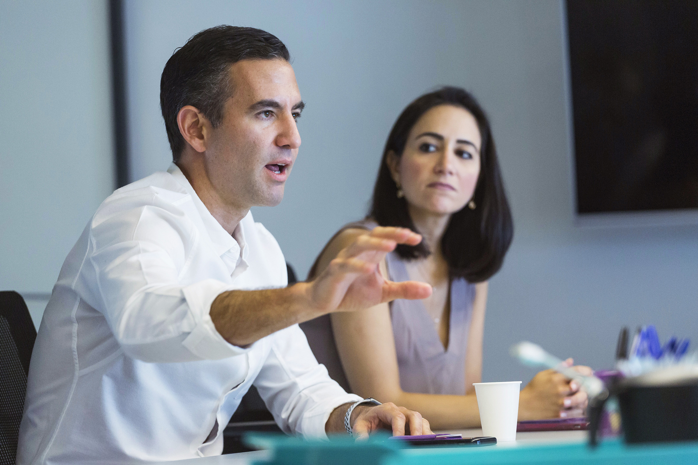 David Velez, founder and CEO of Nubank, left, and Cristina Junqueira, co-founder at NuBank, during an interview in São Paulo on Feb. 7, 2019. (Rodrigo Capote—Bloomberg/Getty Images)