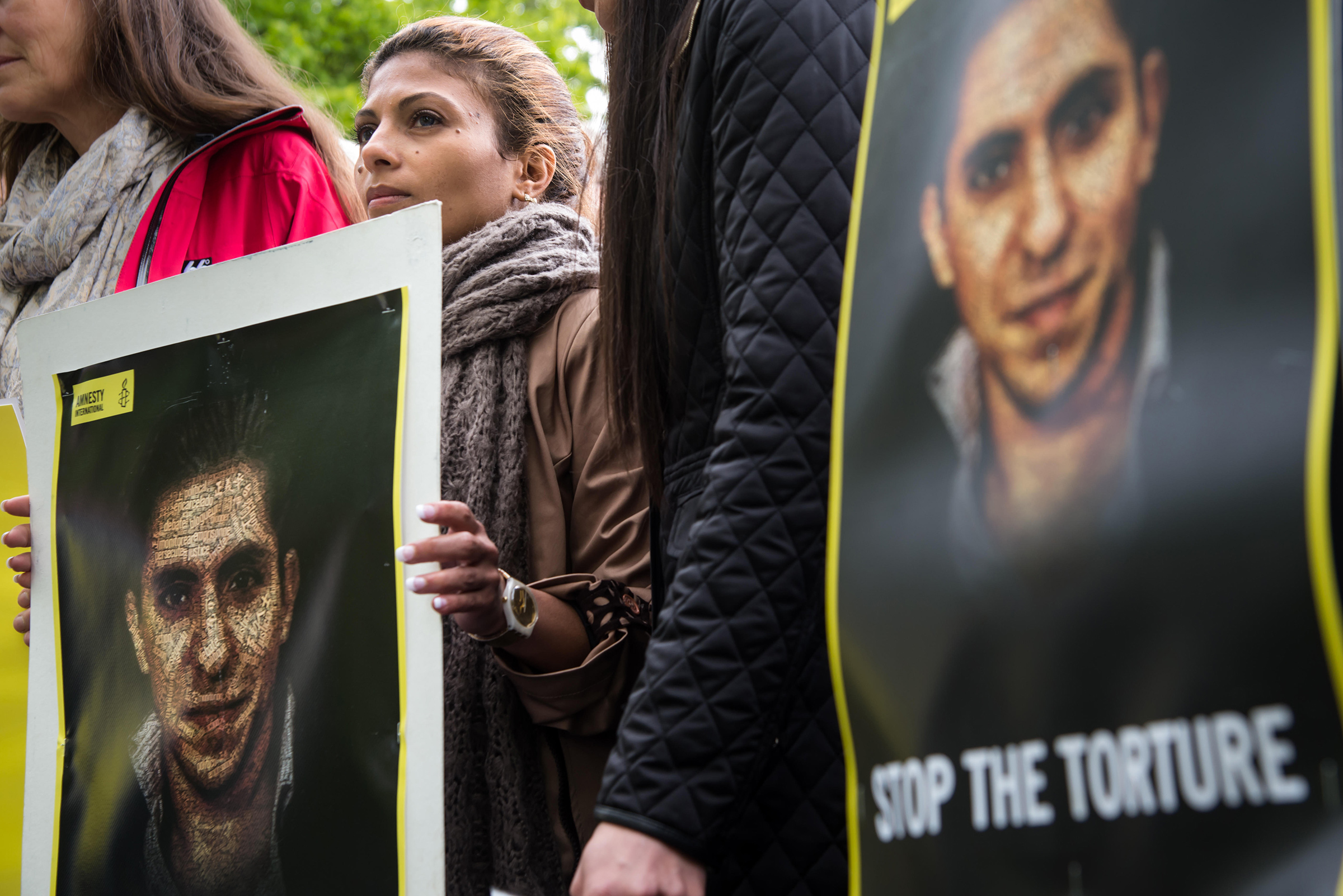 Ensaf Haidar, wife of imprisoned Saudi Arabian blogger Raif Badawi, protests for his release.