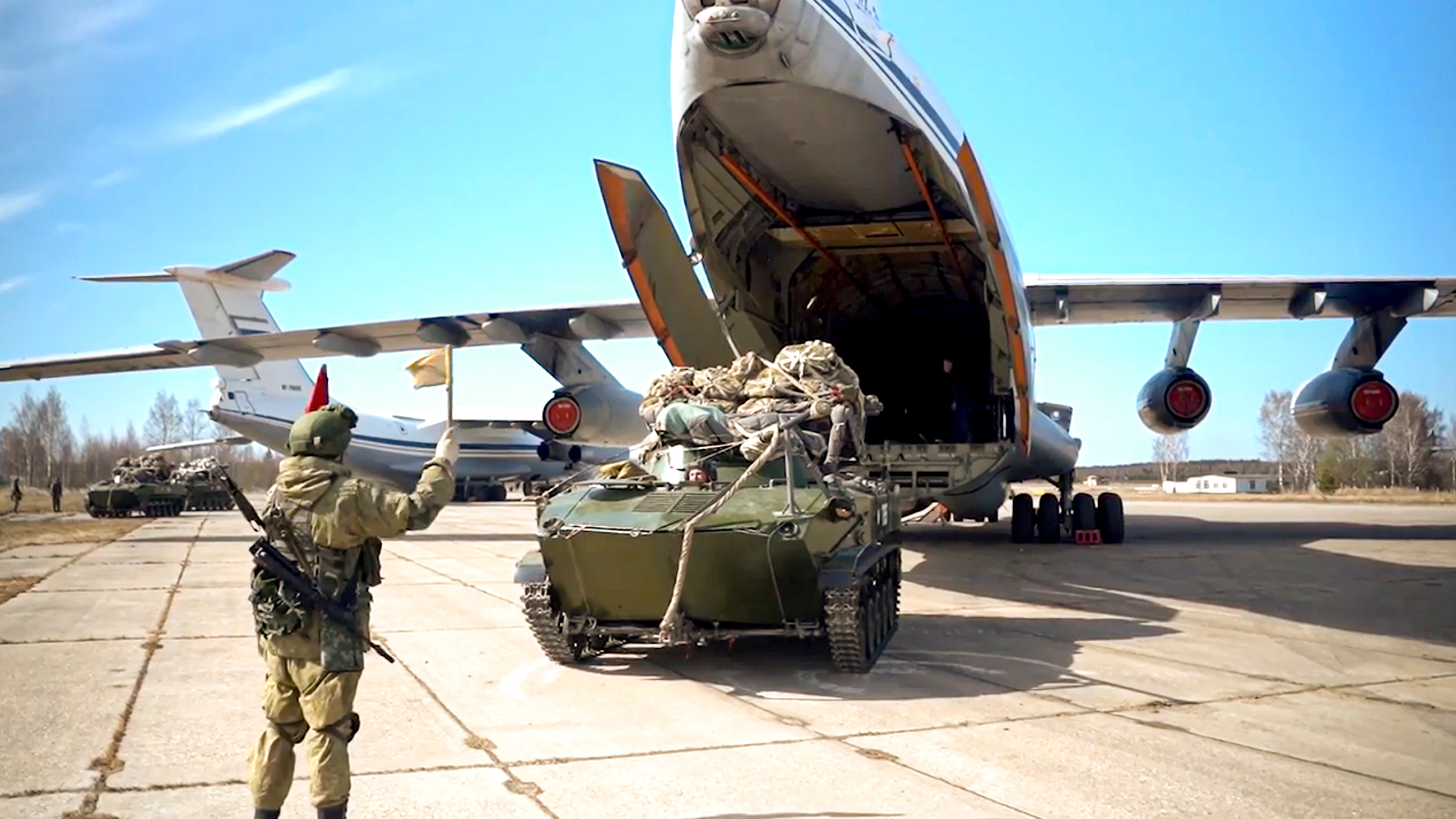 A Russian military vehicle prepares to be loaded into a plane during maneuvers in Crimea, in this image released on April 22 (Russian Defense Ministry Press Service/AP)