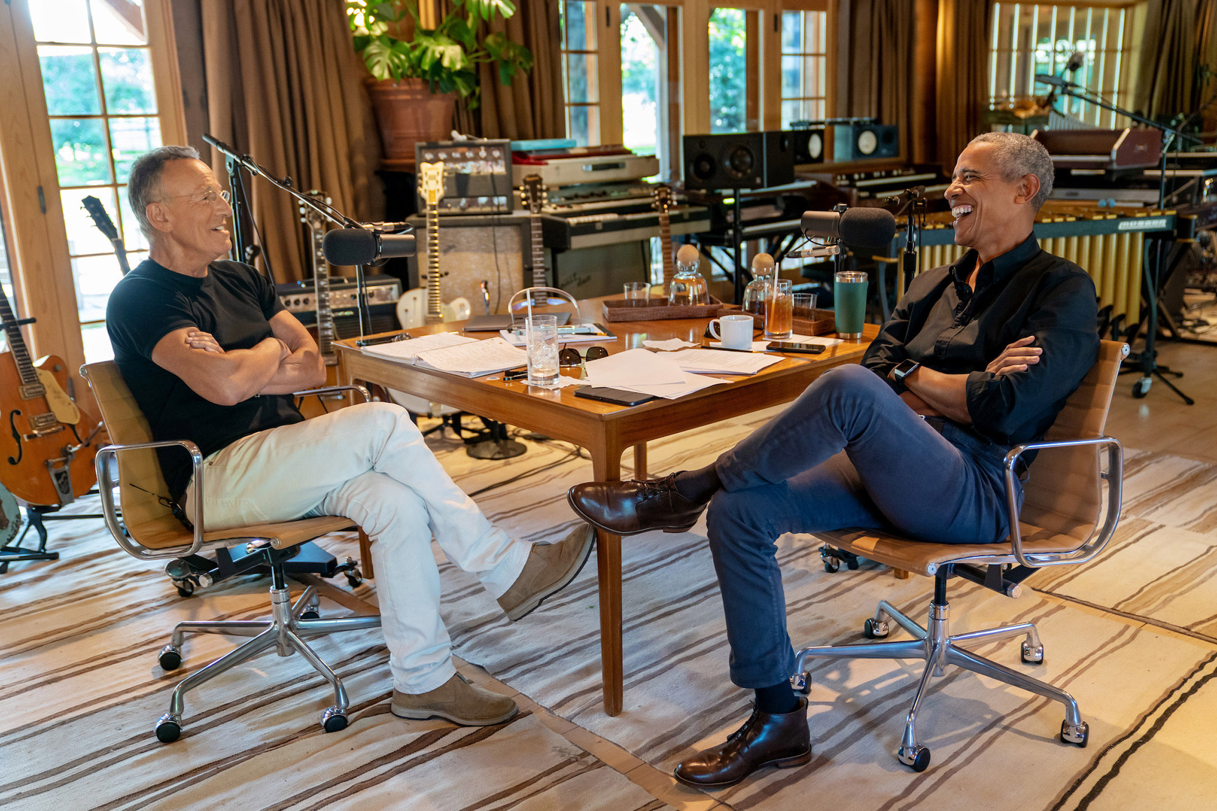 Musician Bruce Springsteen and former president Barack Obama record an episode of their Spotify podcast series "Renegades: Born in the USA." (Rob DeMartin—Spotify)