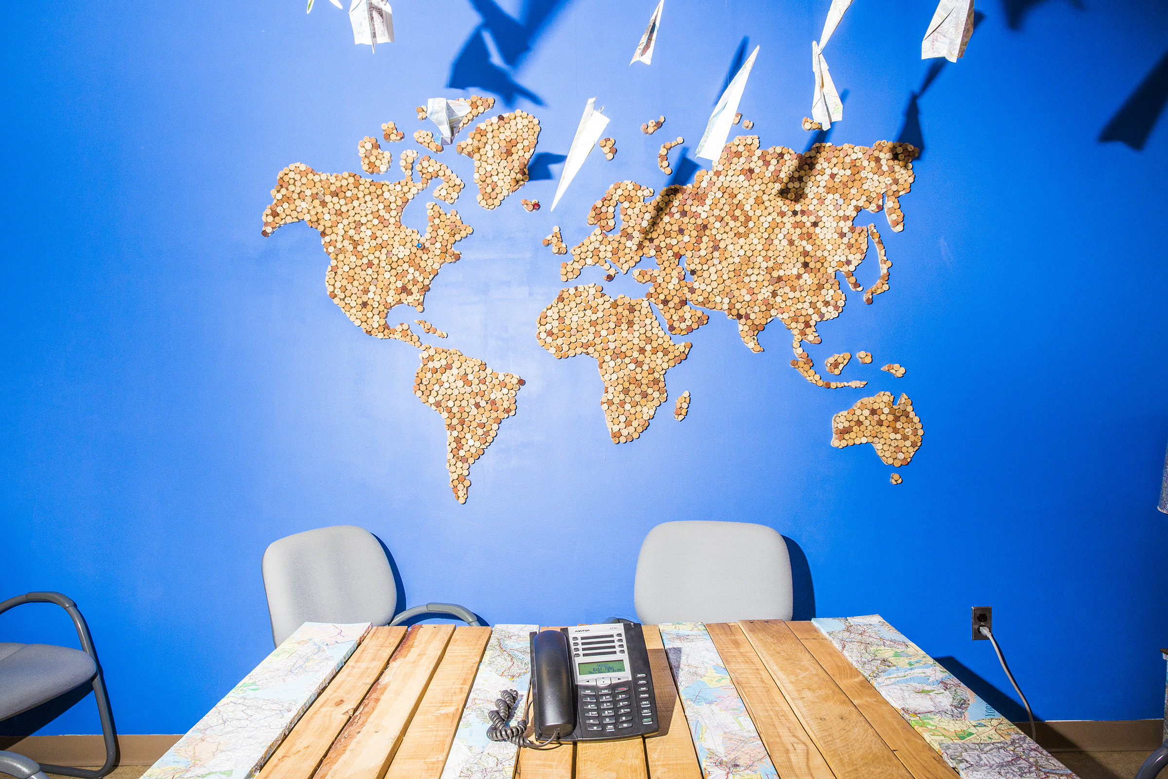 A map of the world made from bottle corks is displayed on a wall at TerraCycle headquarters in Trenton, N.J., on Nov. 9, 2017. (David Williams—Bloomberg/Getty Images)