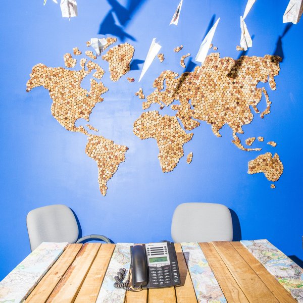 A map of the world made from bottle corks is displayed on a wall at TerraCycle headquarters in Trenton, N.J., on Nov. 9, 2017.