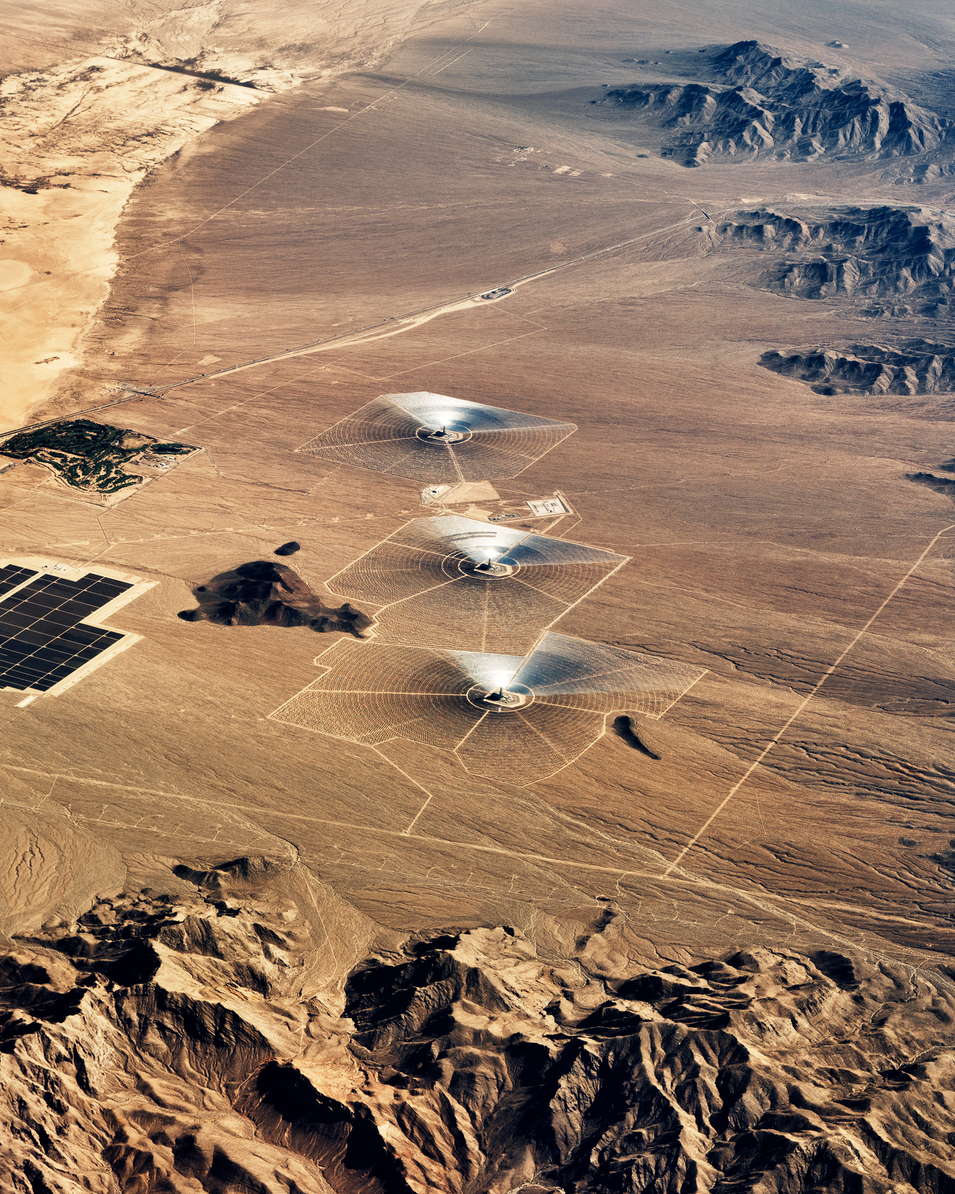 Aerial view of the Ivanpah solar power plant, located in California near the border with Nevada.