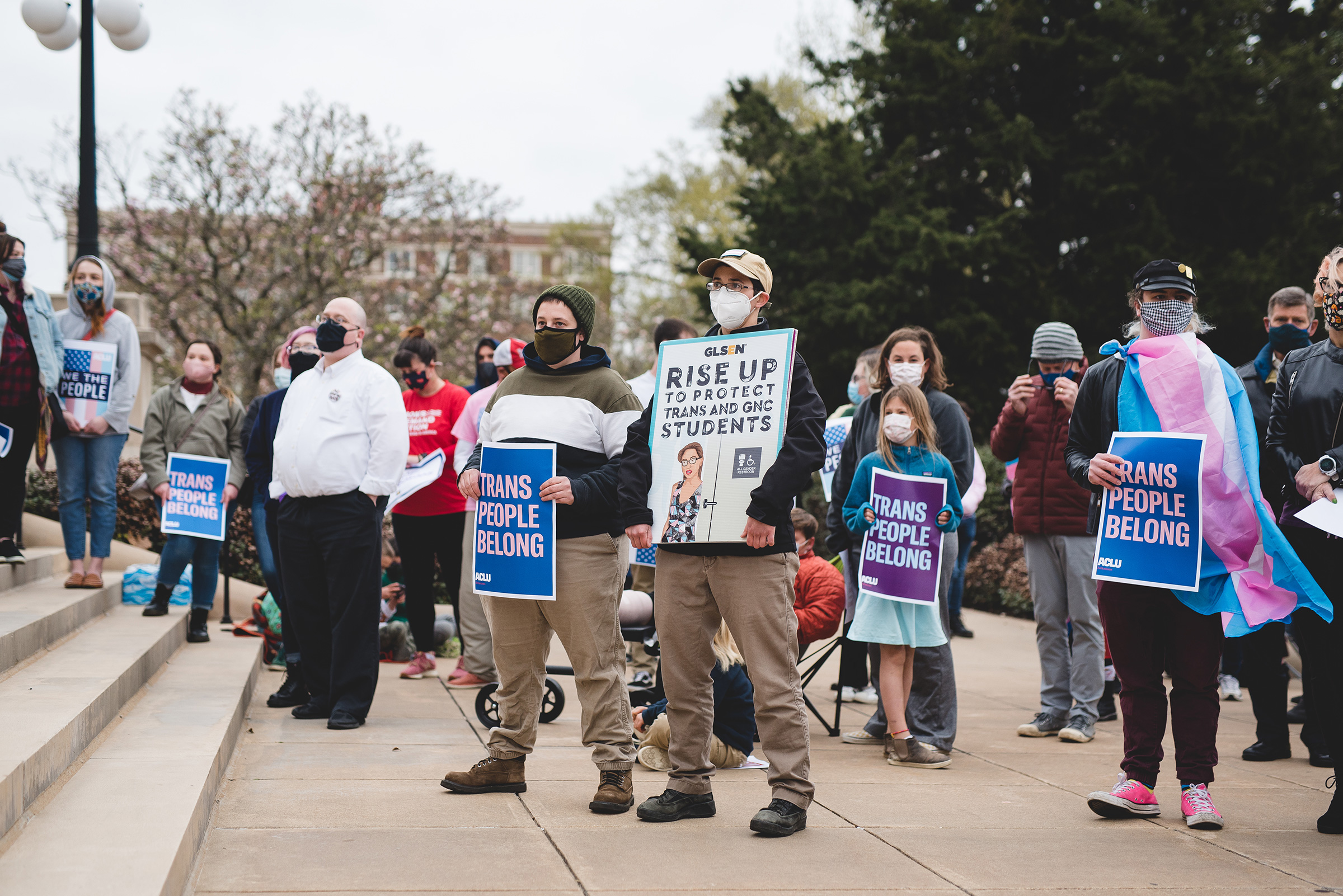 Transgender rights advocates rally outside the Arkansas state Capitol on March 18, 2021.