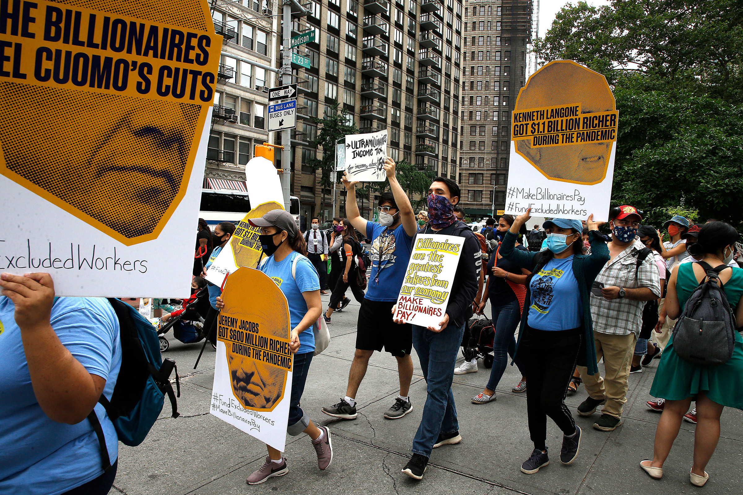 People demonstrate during the “March on Billionaires” to raise attention to the inequity in income among the wealthy and the working class in New York City on July 17, 2020. (John Laparski—Sipa USA)