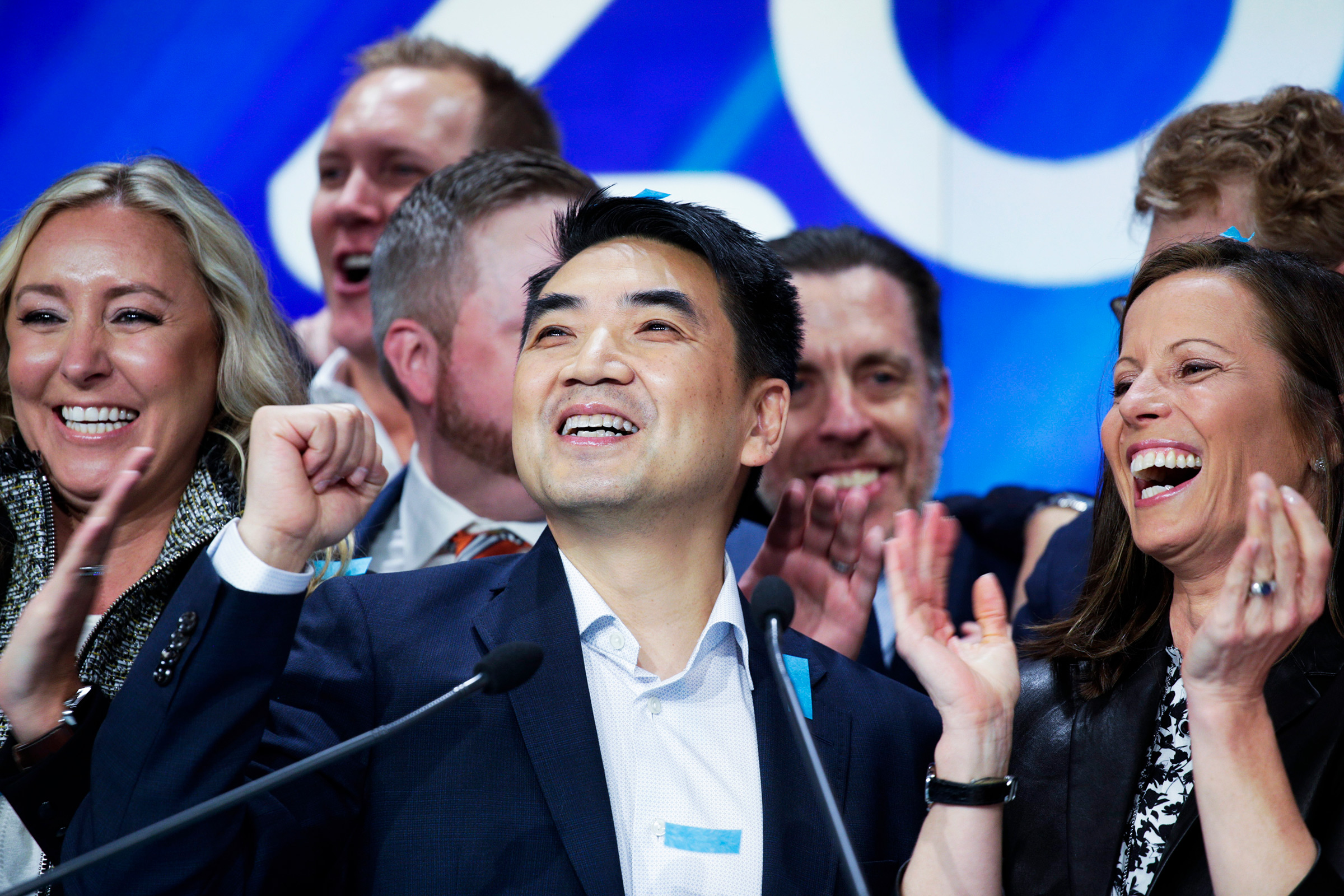 Zoom founder Eric Yuan reacts at the Nasdaq opening bell ceremony in New York City on April 18, 2019. (Kena Betancur—Getty Images)
