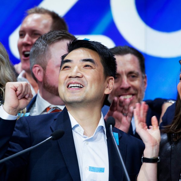 Zoom founder Eric Yuan reacts at the Nasdaq opening bell ceremony in New York City on April 18, 2019.