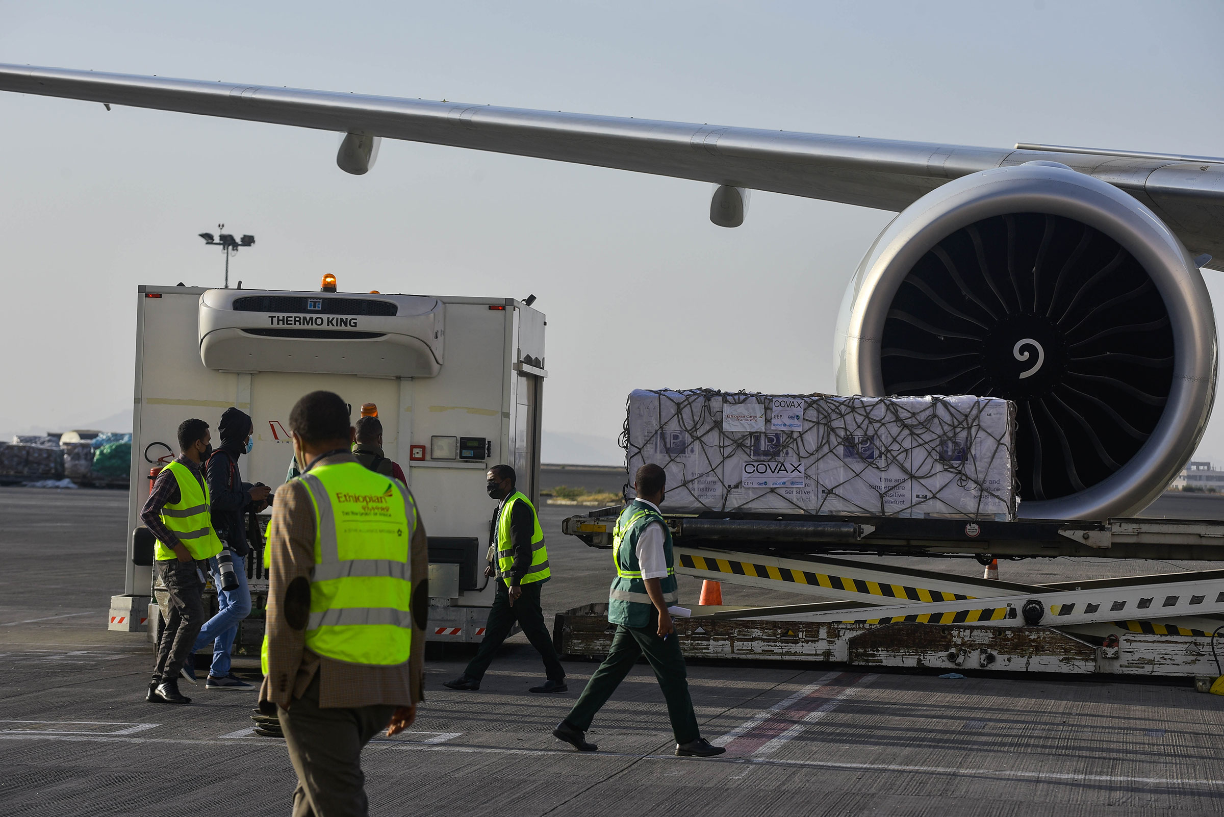COVID-19 vaccines from COVAX arrive at Bole international airport in Addis Ababa, Ethiopia, on March 7, 2021. (Michael Tewelde—Xinhua/Sipa)