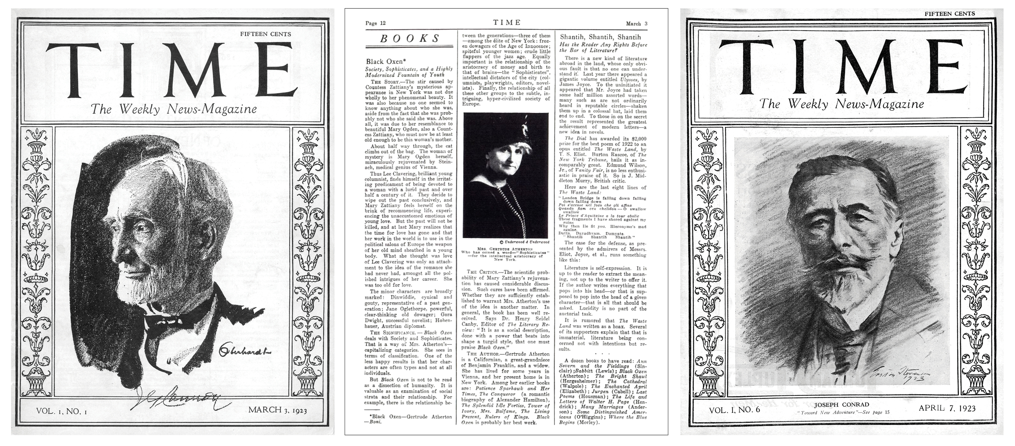 The first cover of TIME and the <em>Books</em> section from March 3, 1923. The first writer to appear on the cover was Jospeh Conrad on April 7, 1923.