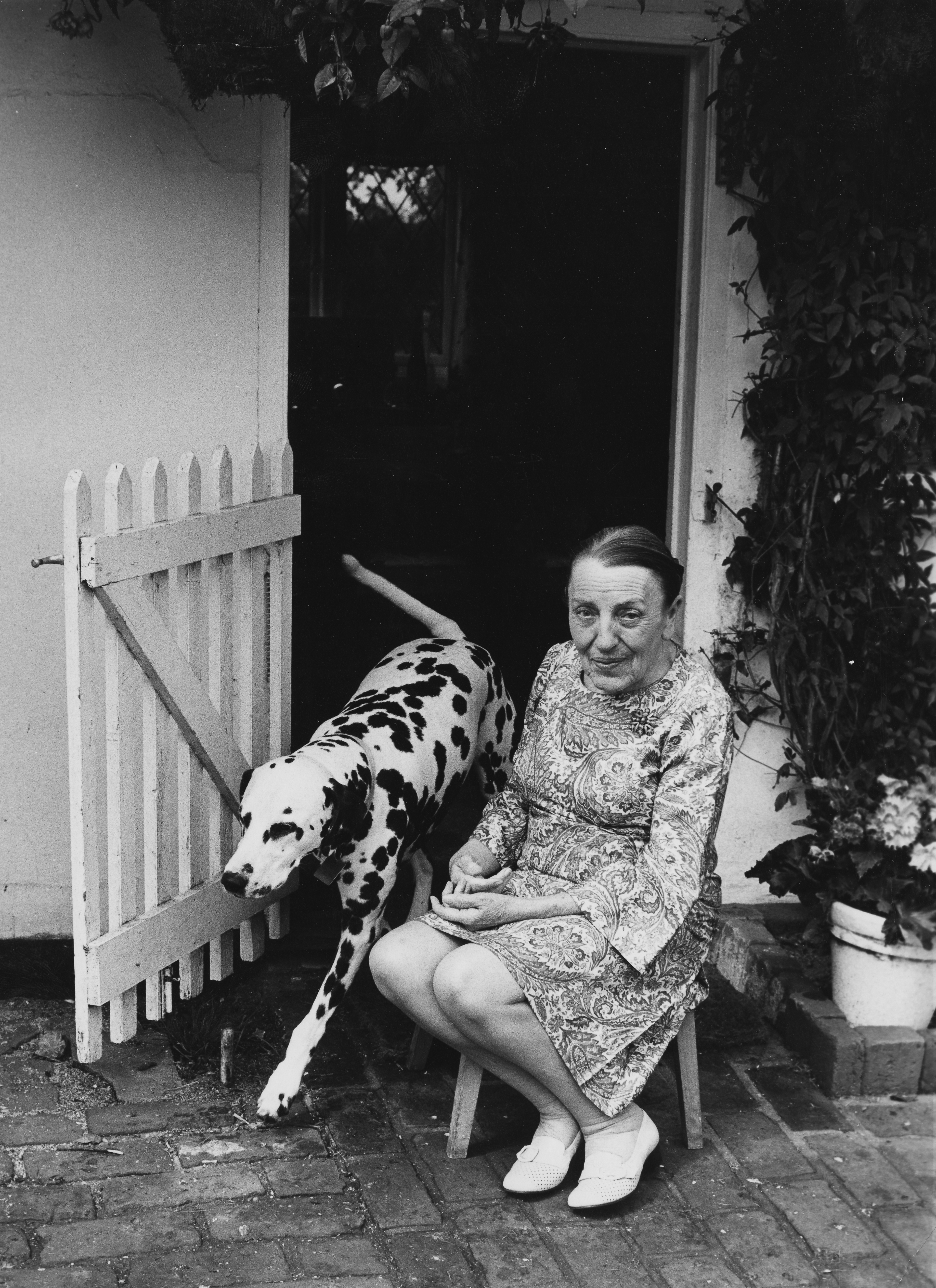 Dodie Smith, author of '101 Dalmatians', sitting outside her cottage with a pet Dalmatian in Essex, July 23, 1973 (Getty Images)