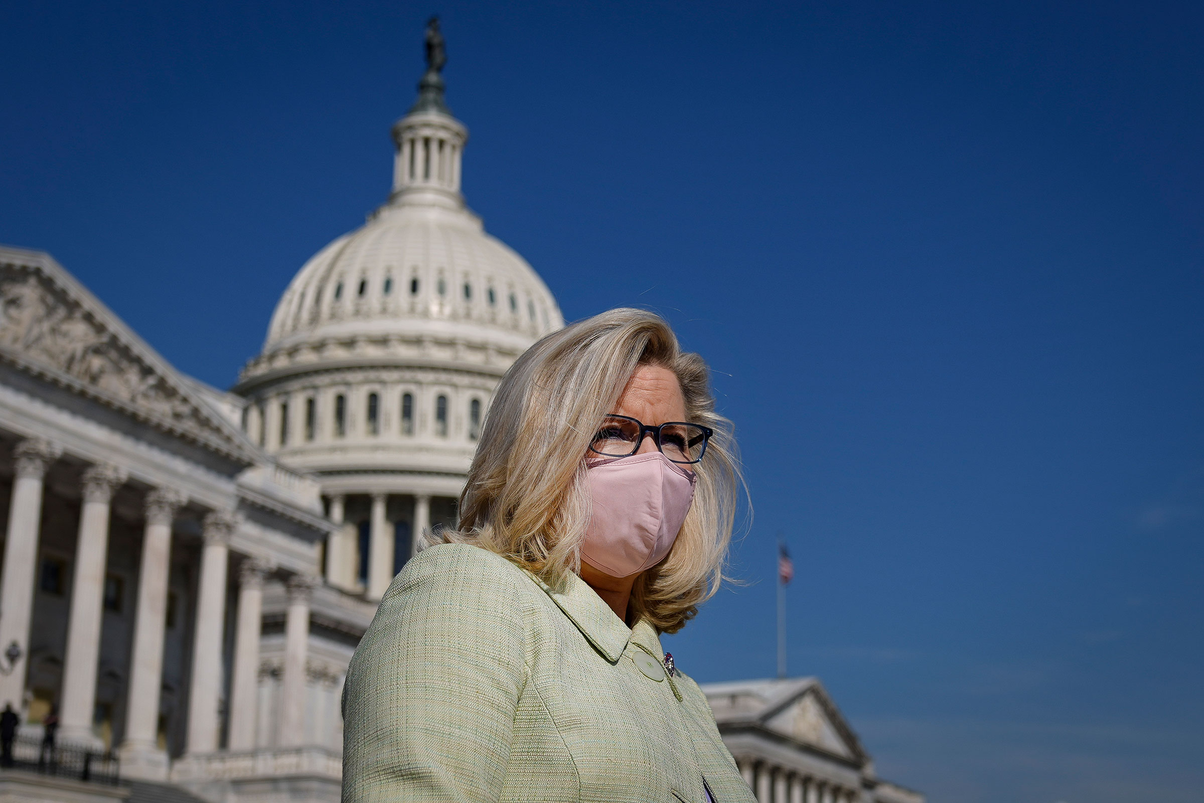House Republican Conference Chair Rep. Liz Cheney departs a news conference with House Republicans on March 11, 2021 in Washington. (Drew Angerer—Getty Images)