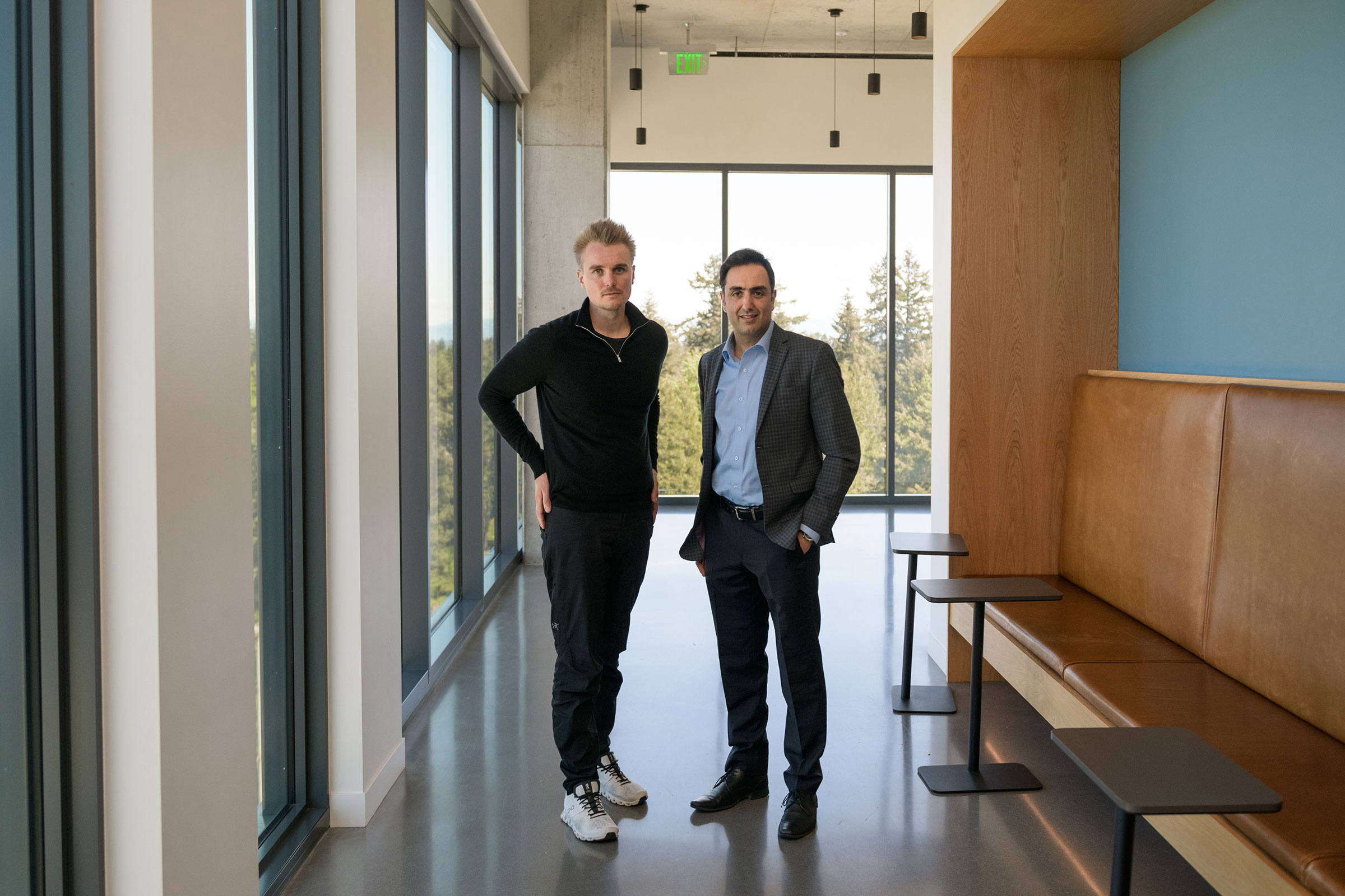 Phillip Buckendorf, Airspace Intelligence CEO and co-founder and Pasha Seleh, Alaska Airlines flight operations strategy and innovation director, pose for a portrait inside Alaska Airlines Hub in SeaTac, WA on May 14, 2021.