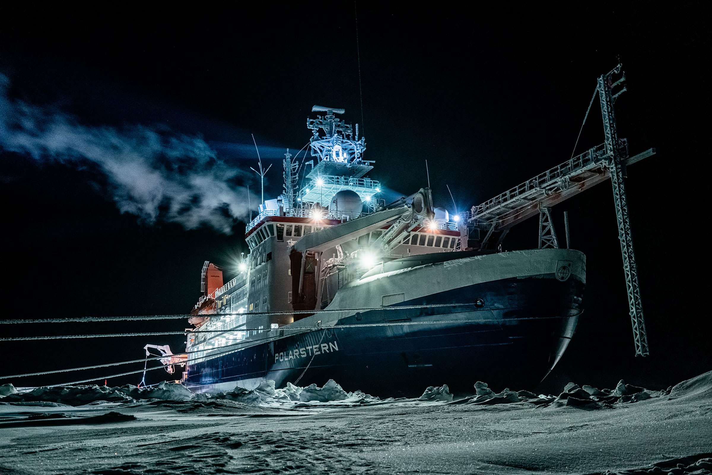 German research icebreaker "Polarstern" in the Central Arctic Ocean during polar night on Jan. 1, 2020.