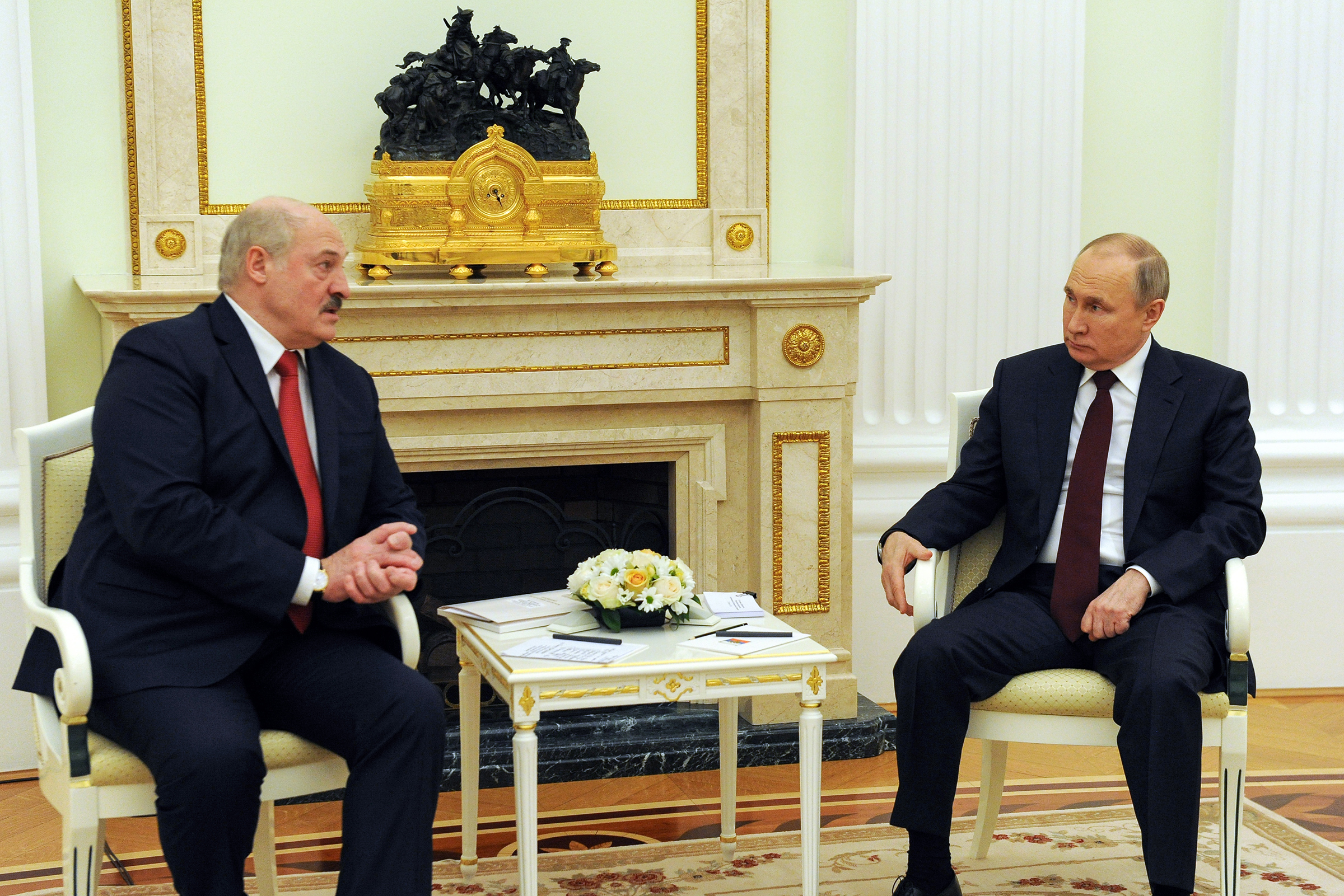Russia's President Vladimir Putin, right, and his Belarusian counterpart, Alexander Lukashenko, hold a meeting in Moscow in April.
