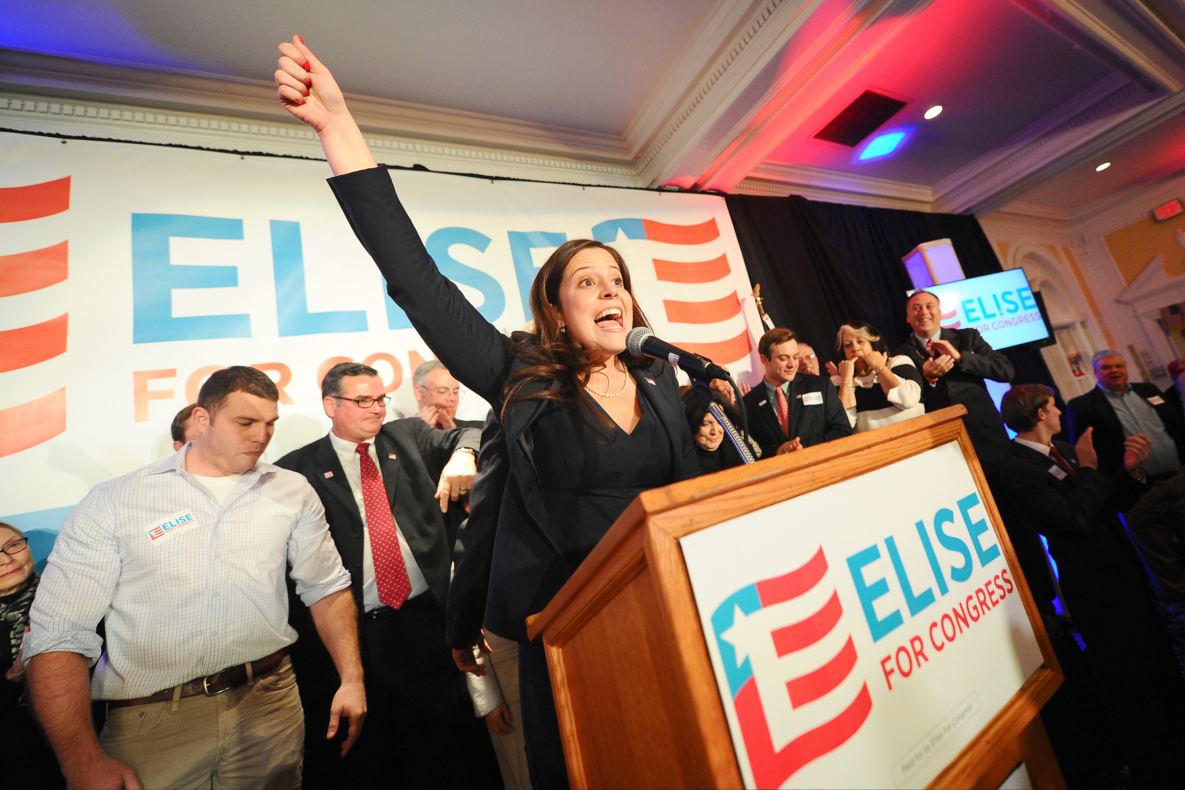 Elise Stefanik celebrates her win in the 21st Congressional district on election night at the Queensbury Hotel in Glens Falls, N.Y., on Tuesday, Nov. 4, 2014.