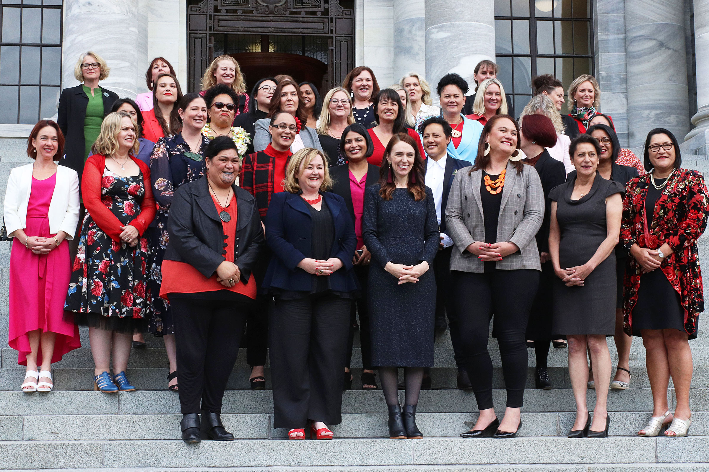 The New Zealand Labour Party’s female MPs on the steps of parliament on Nov. 24, 2020, in Wellington. (Lynn Grieveson— Newsroom/Getty Images)