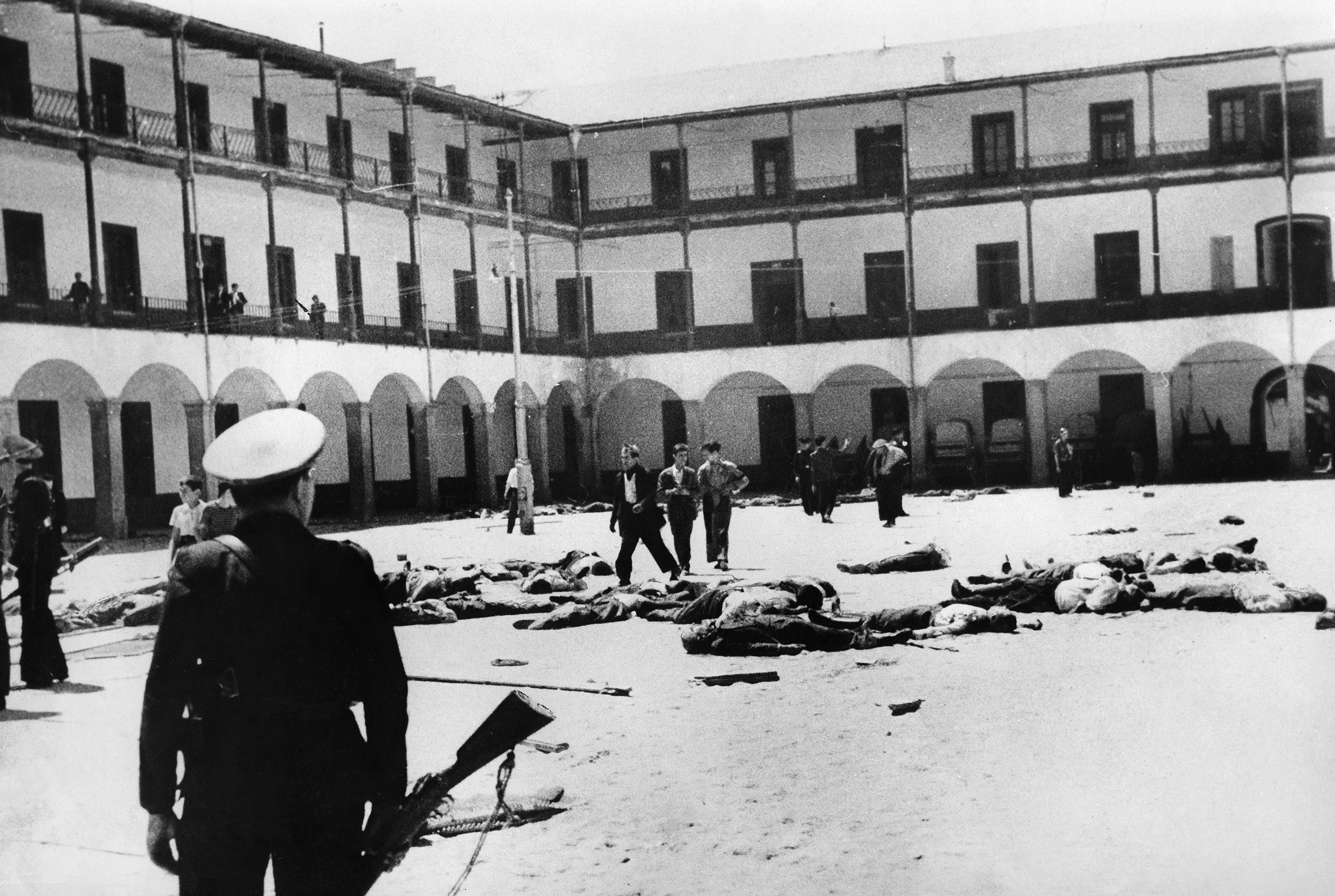 Republican troops standing in the recently seized Montana Barracks in Madrid, on July 19, 1936.