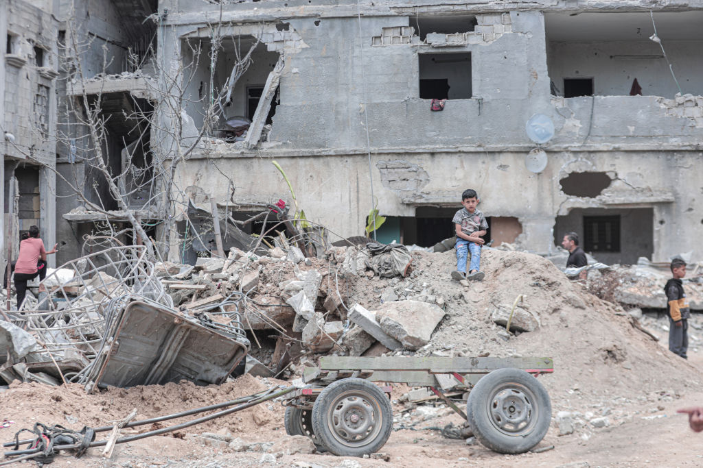A destroyed house seen after a ceasefire between Israel and Gaza fighters, in Beit Hanun town northern Gaza Strip, 21 May  2021. (Photo by Momen Faiz/NurPhoto via Getty Images)
