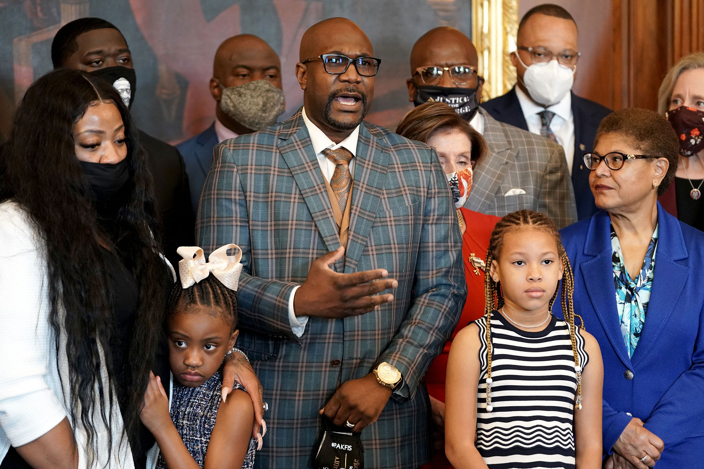 Philonise Floyd, the brother of George Floyd, speaks as he and members of the Floyd family meet with House Speaker Nancy Pelosi and Rep. Karen Bass in the Rayburn Room of the Capitol in Washington, on May 25, 2021. (Greg Nash—Pool/AFP/Getty Images)