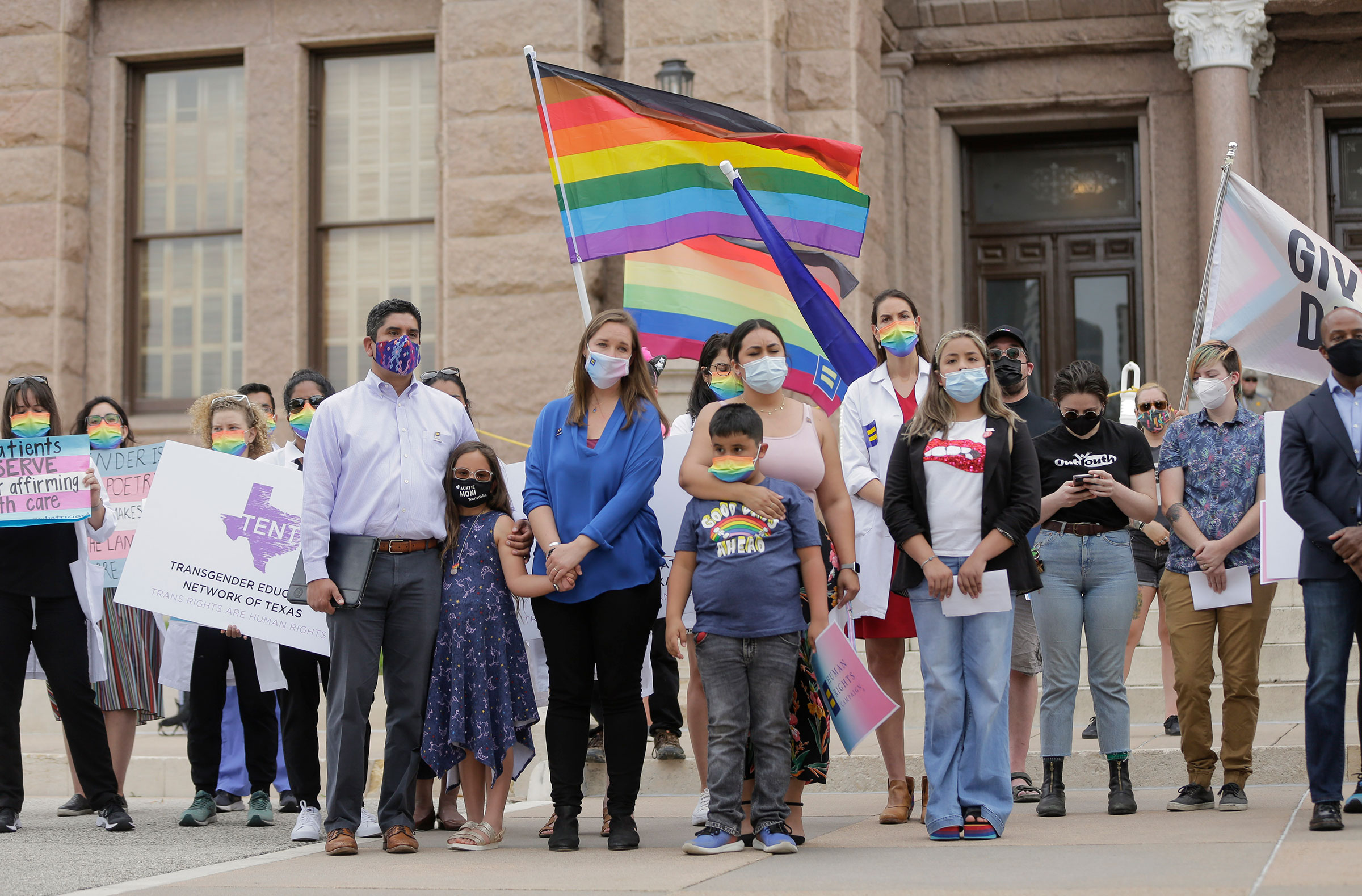 LGBTQ advocates including representatives from Equality Texas, the Transgender Education Network of Texas, Texas Freedom Network, ACLU of Texas, Lambda Legal, medical and health care professionals, and parents of transgender children rally at the Texas State Capitol on May 4, 2021 in Austin to stop proposed medical care ban legislation that would criminalize gender-affirming care. (Erich Schlegel—Images for Human Rights Campaign/AP)