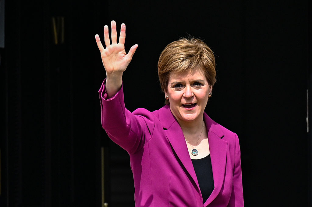 Scottish First Minister Nicola Sturgeon arrives back at Bute House after the SNP won a historic fourth term in government on May 09, 2021 in Edinburgh, Scotland. (Photo by Jeff J Mitchell/Getty Images)