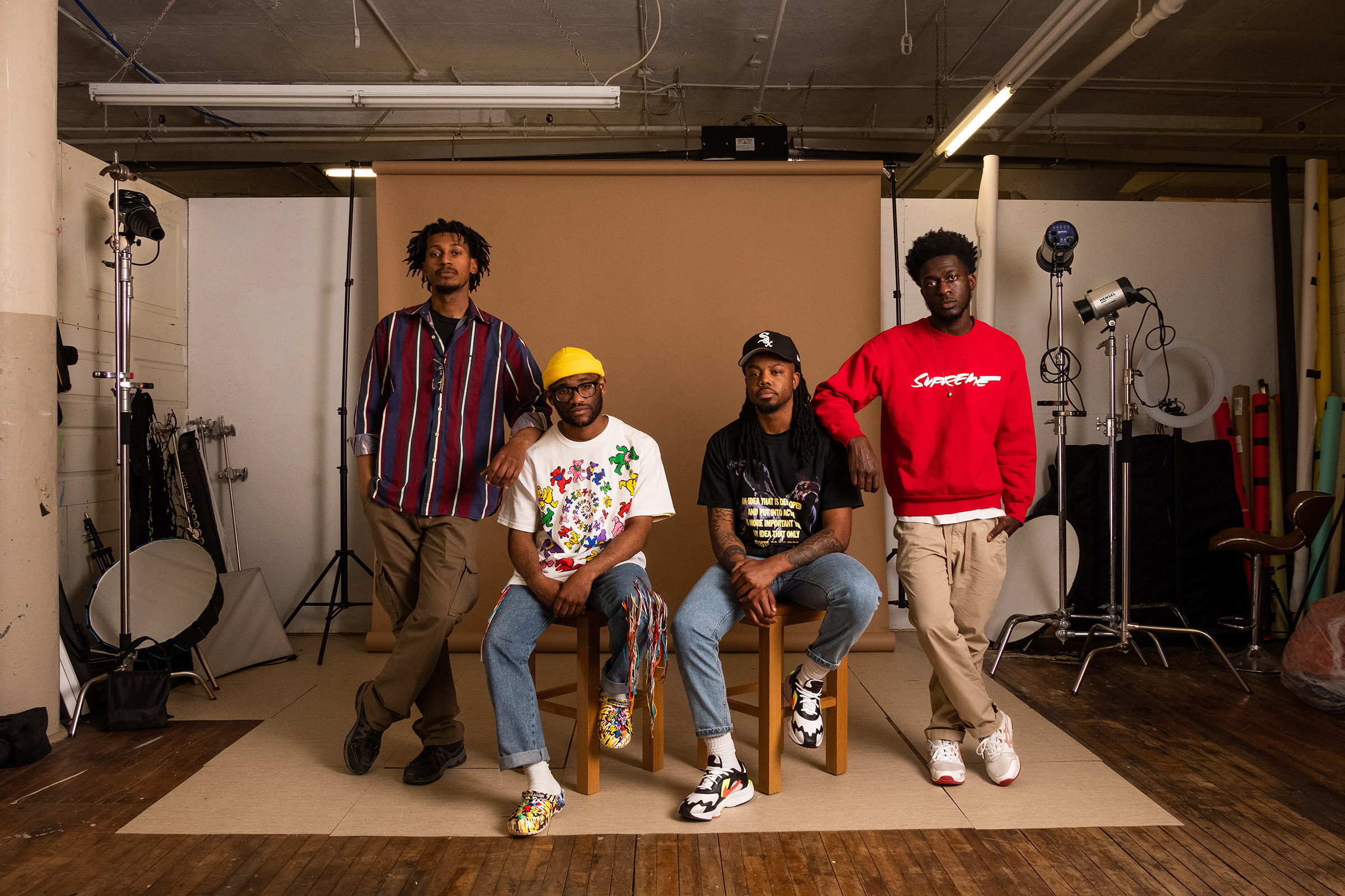 From left, Adrian Javon, Malik Rainey, Derrick Carr and Brandon Watson at their studio in Buffalo, N.Y., on May 5. (Photograph created in collaboration between Derrick Carr, Adrian Javon, Malik Rainey, Joshua Thermidor and Brandon Watson for TIME)