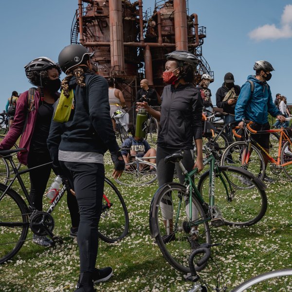 Members of the NorthStar Cycling Club at Gas Works Park in Seattle, during the club’s weekly “Sunday Service” ride, on May 2, 2021.