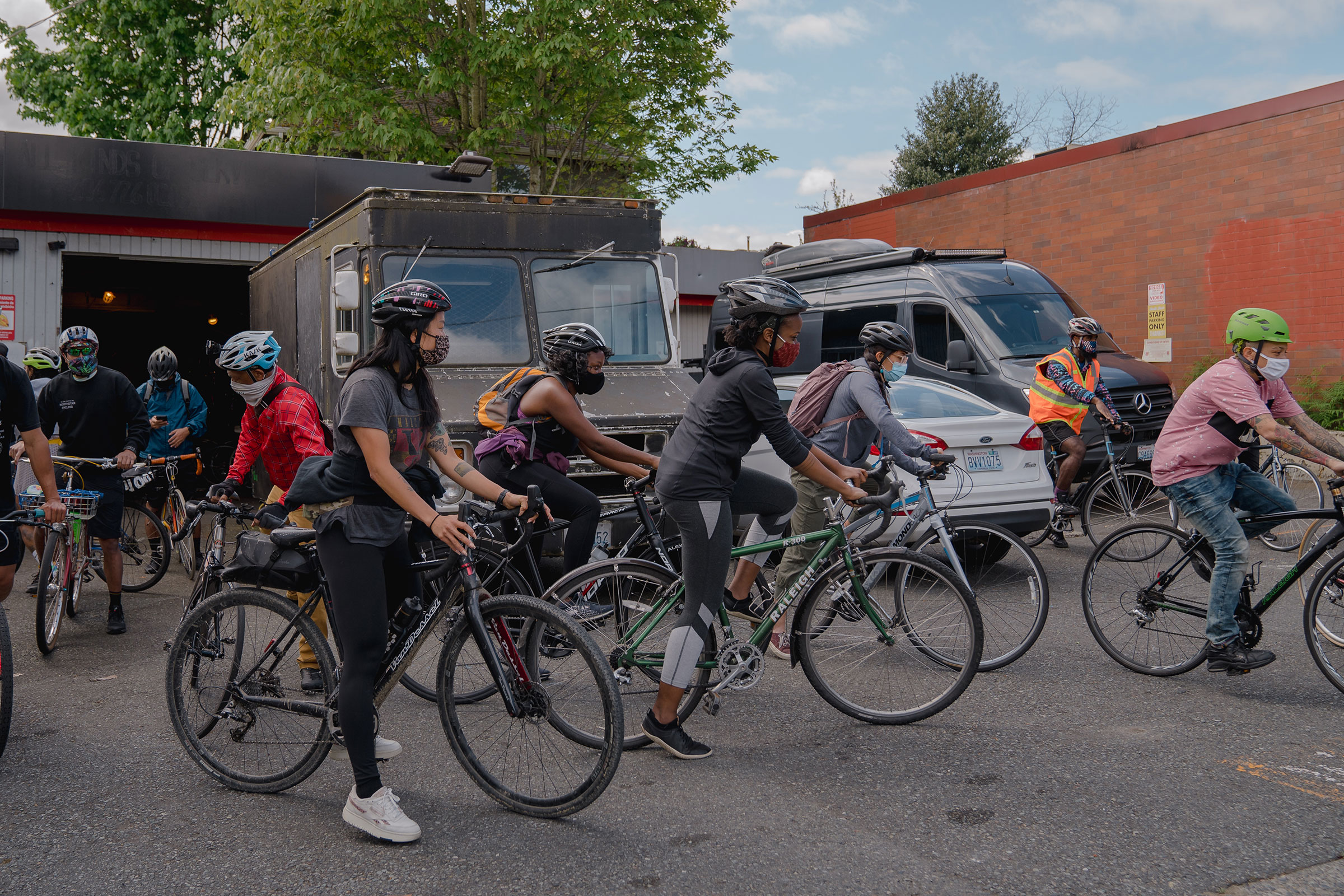The NorthStar Cycling Club leaves the Central District in Seattle, to ride to Gas Works Park.