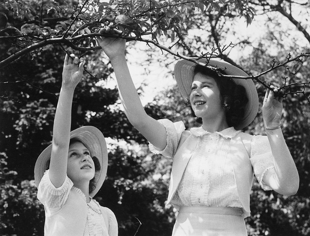 Princess Elizabeth and Princess Margaret Rose (L) play with their pet chameleon July 8, 1941 on the grounds of Windsor Castle, Berkshire. (Getty Images)