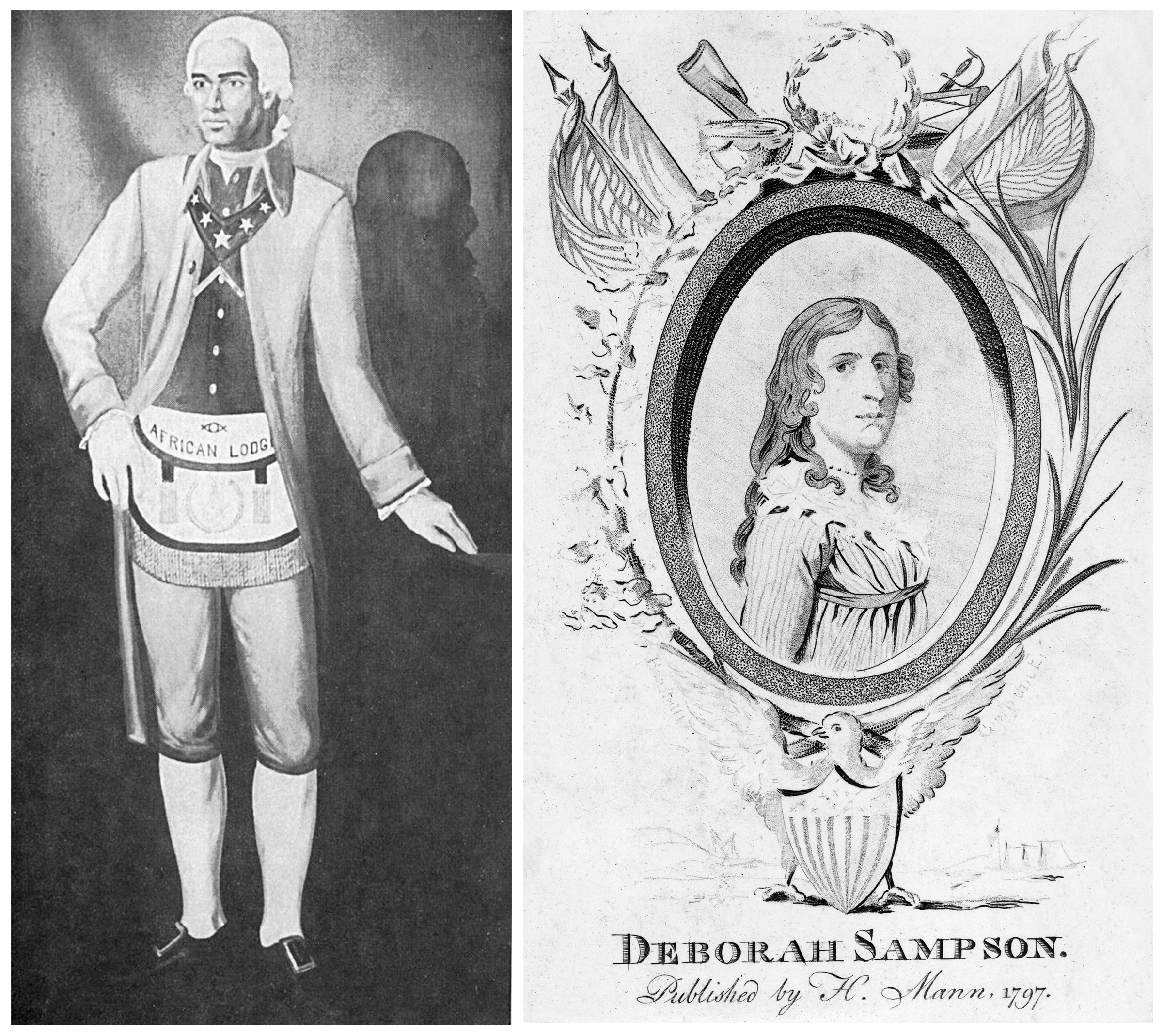 From left: A portrait of Prince Hall; an illustration of Deborah Sampson circa 1797