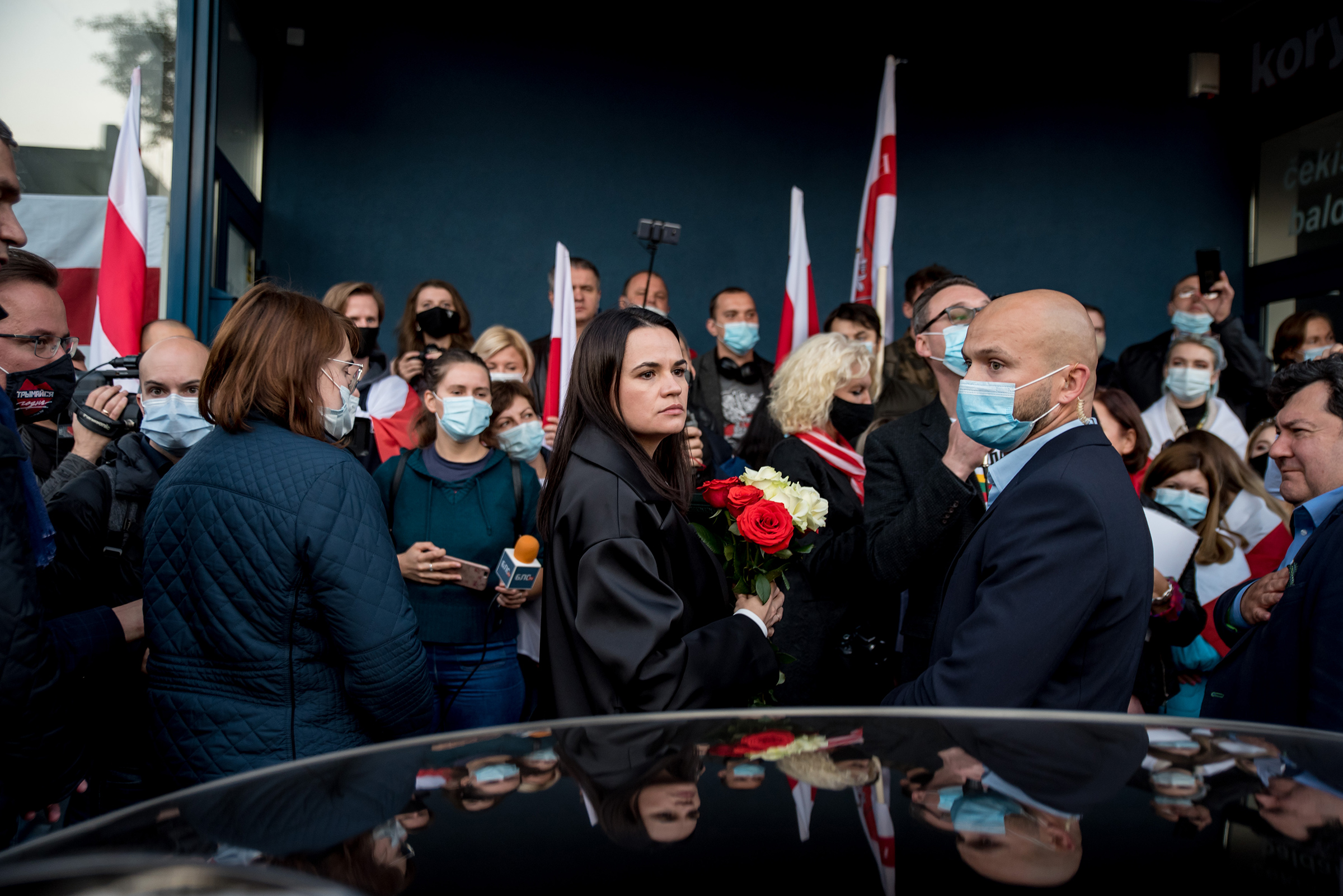 In October 2020, Svetlana Tikhanovskaya, the exiled opposition leader of Belarus, attends a protest in Vilnius, Lithuania, against political repression in Belarus. (Arturas Morozovas—Getty Images)