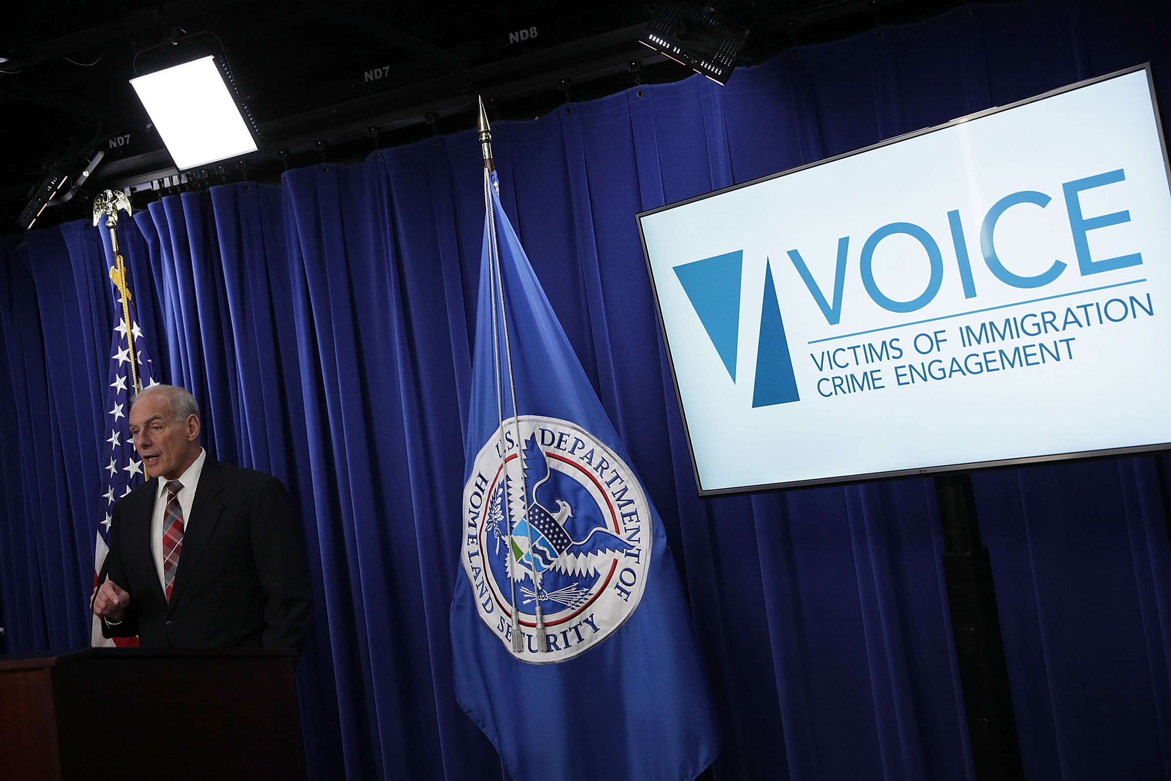Homeland Security Secretary John Kelly speaks during a news conference April 26, 2017 in Washington, DC. Kelly announced the opening of the new Victims of Immigration Crime Engagement (VOICE) office.
