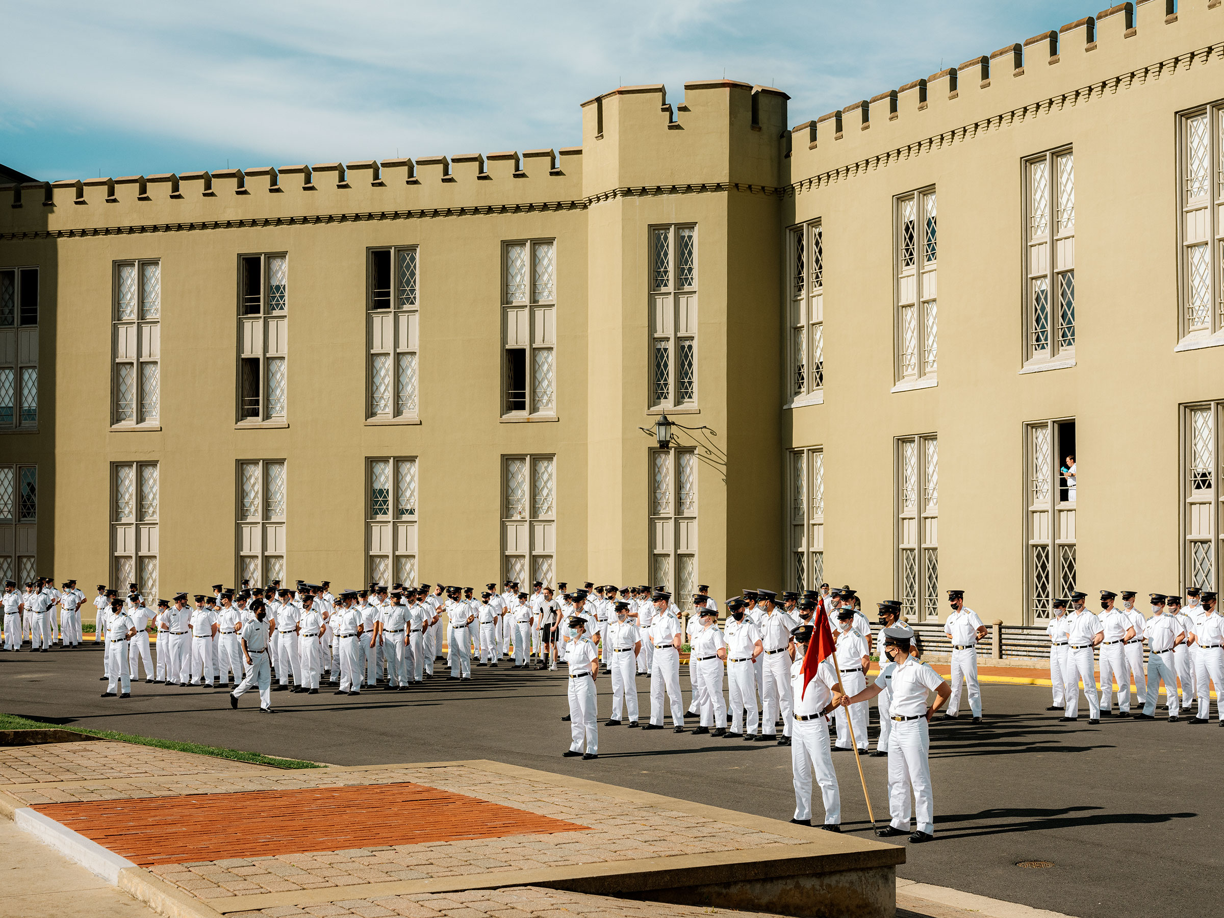 Cadets gather outside the barracks, near the area where Stonewall Jackson's statue once stood. (Jared Soares for TIME)