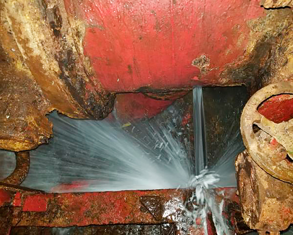 A previously unpublished image of a seawater-pipe leak in the engine-room compartment in May 2020.