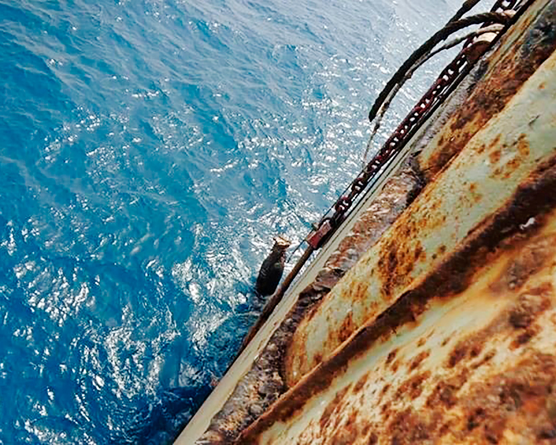 A corroded portion of the tanker’s single hull in April 2019. One steel plate separates the oil on board from the sea.